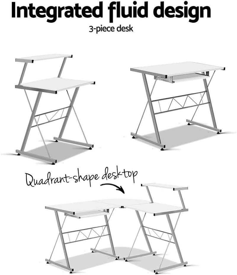 Office Computer Desk Corner Table Metal Pull-Out Keyboard Tray Top Shelf White Home Office Study Student image number 4