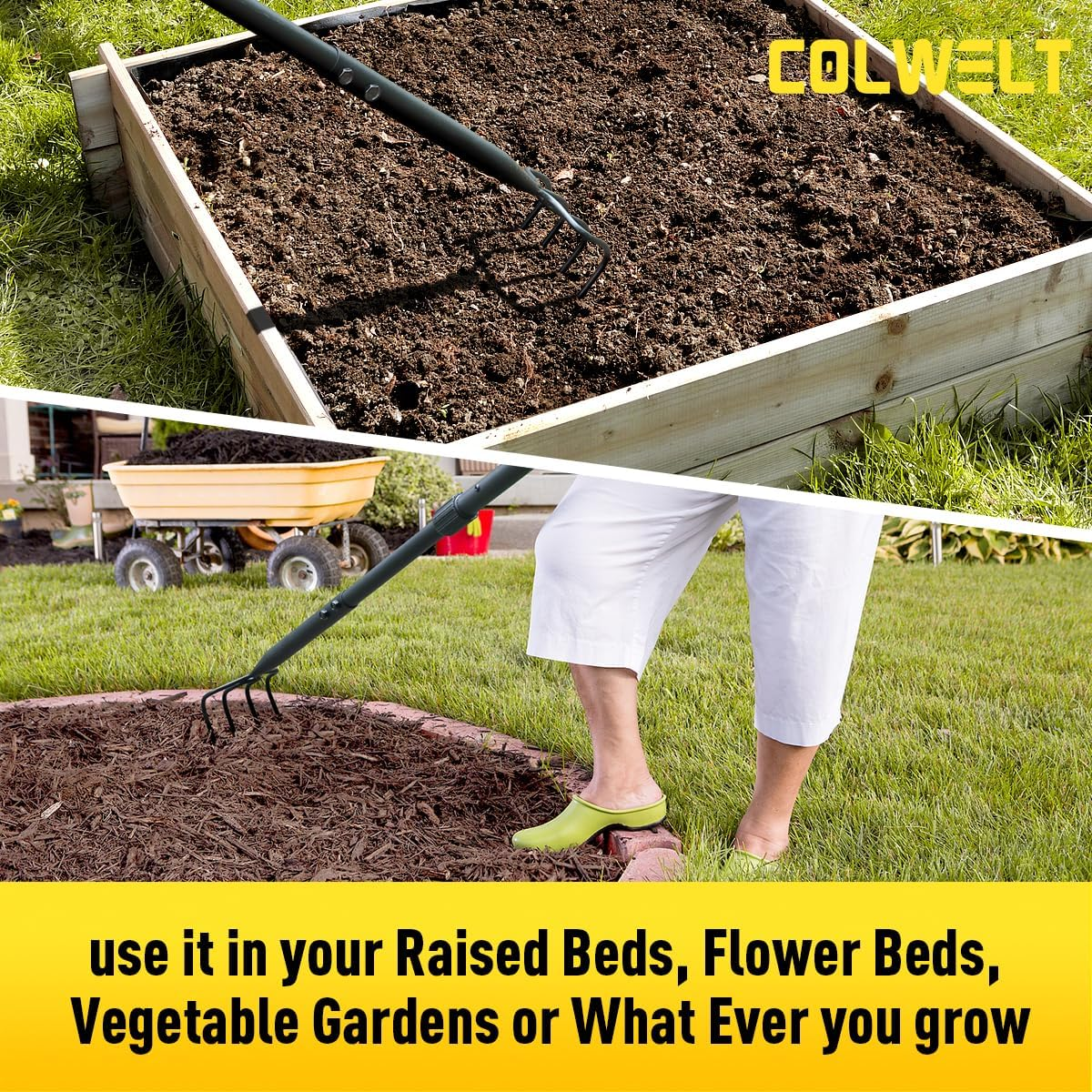 Colwelt 4 Tines Garden Cultivator Rake 59'', Hand Tiller Garden Tool with Sharp Forged Steel Head, Cultivators for Gardening with Long Handle, Garden Tiller for Digging Loosening Weeding image number 2