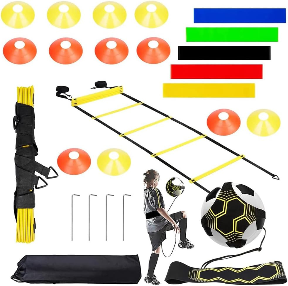 Football Training Equipment for Footwork Practice, 6M 12-Section Ladder, 4 Ground Spikes, 12 Discs, 5 Tension Rings, Juggling Band, Suitable for Beginners, Teens and Adults