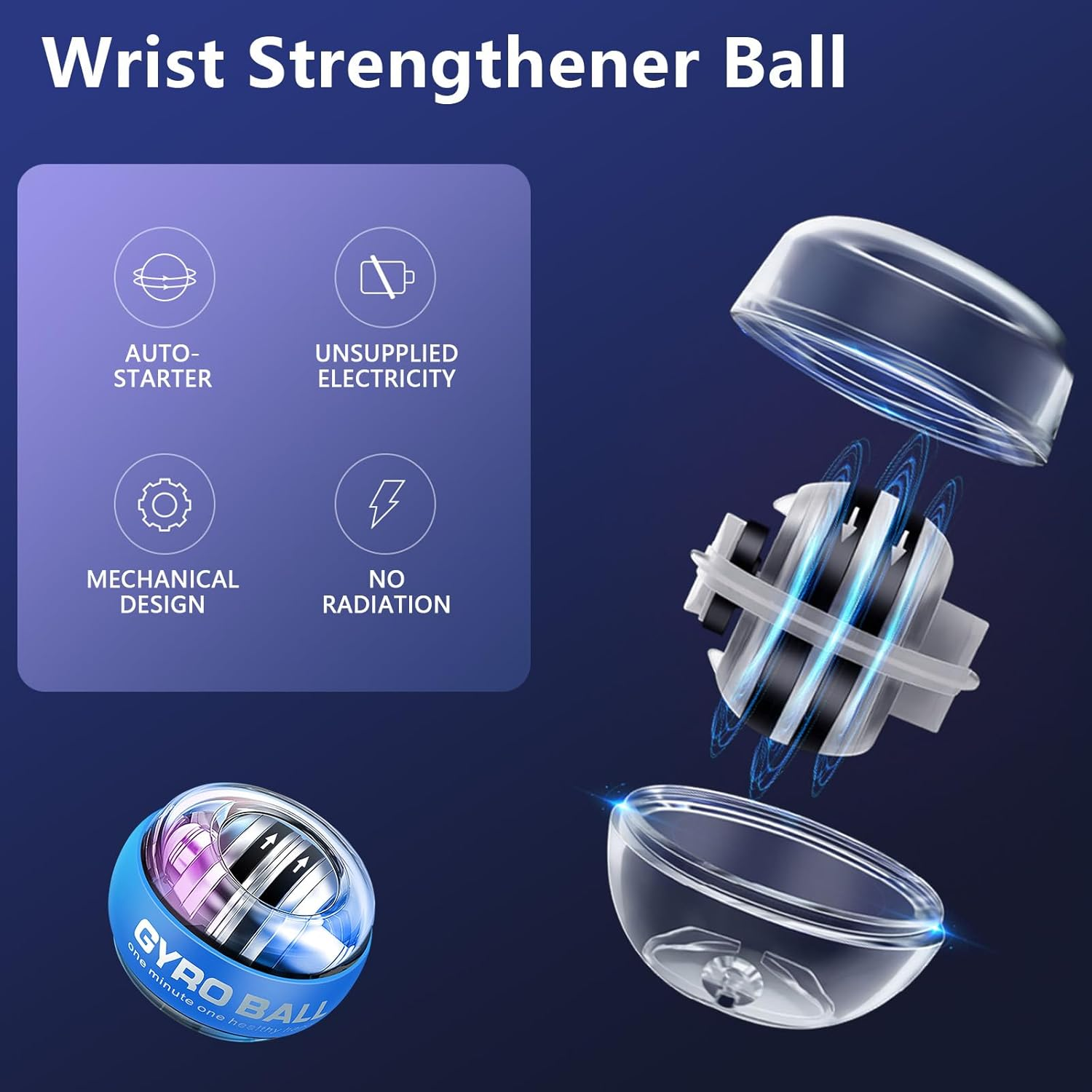 Gyro Ball Wrist Exerciser, Auto-Start Wrist Power Gyro Ball with LED Lighting, for Arms, Fingers and Muscles Training - Red image number 2