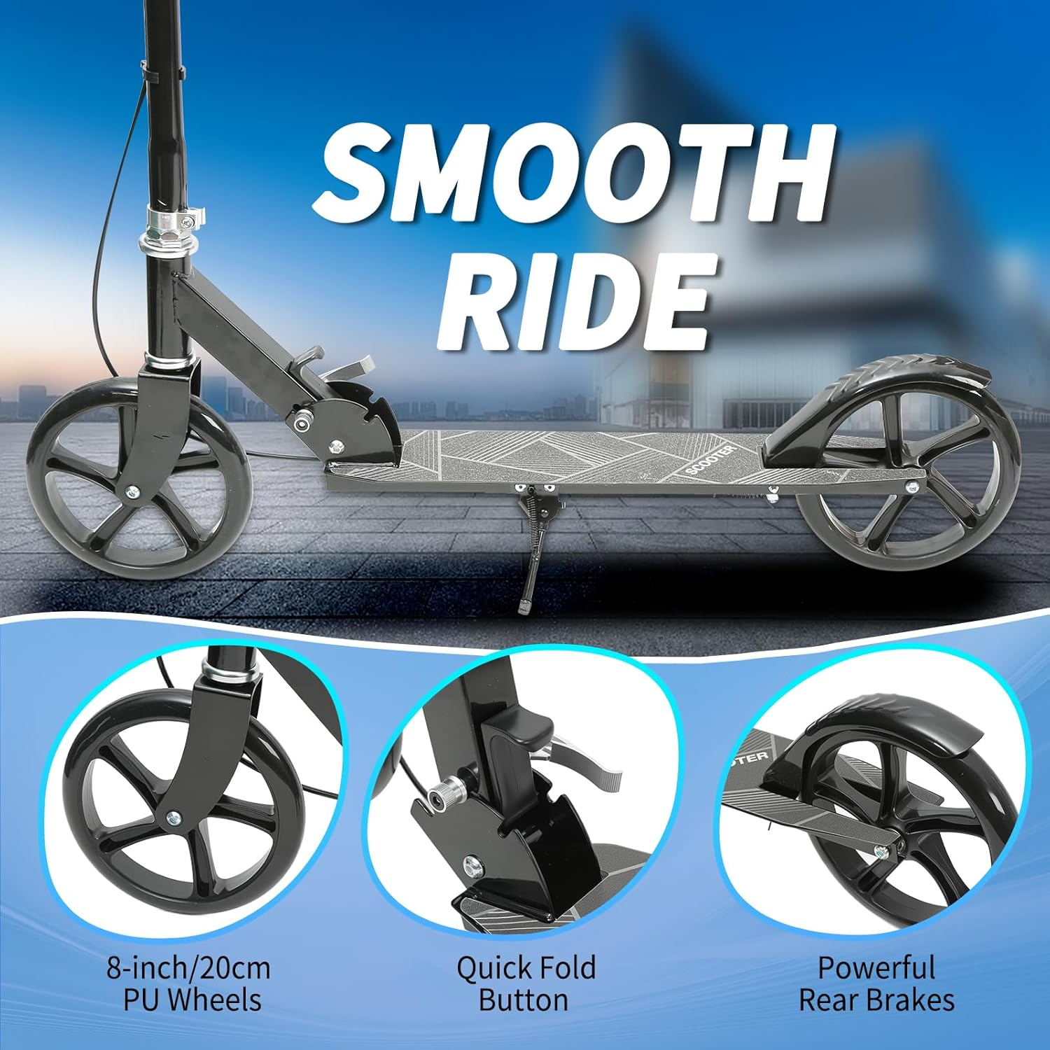 Joywoof Foldable Scooter for Kids Ages 8+ Height Adjustable with 8" Big Wheels, Portable Scooters for Adult Teenagers Kids Riders up to 250 Lbs Black image number 6