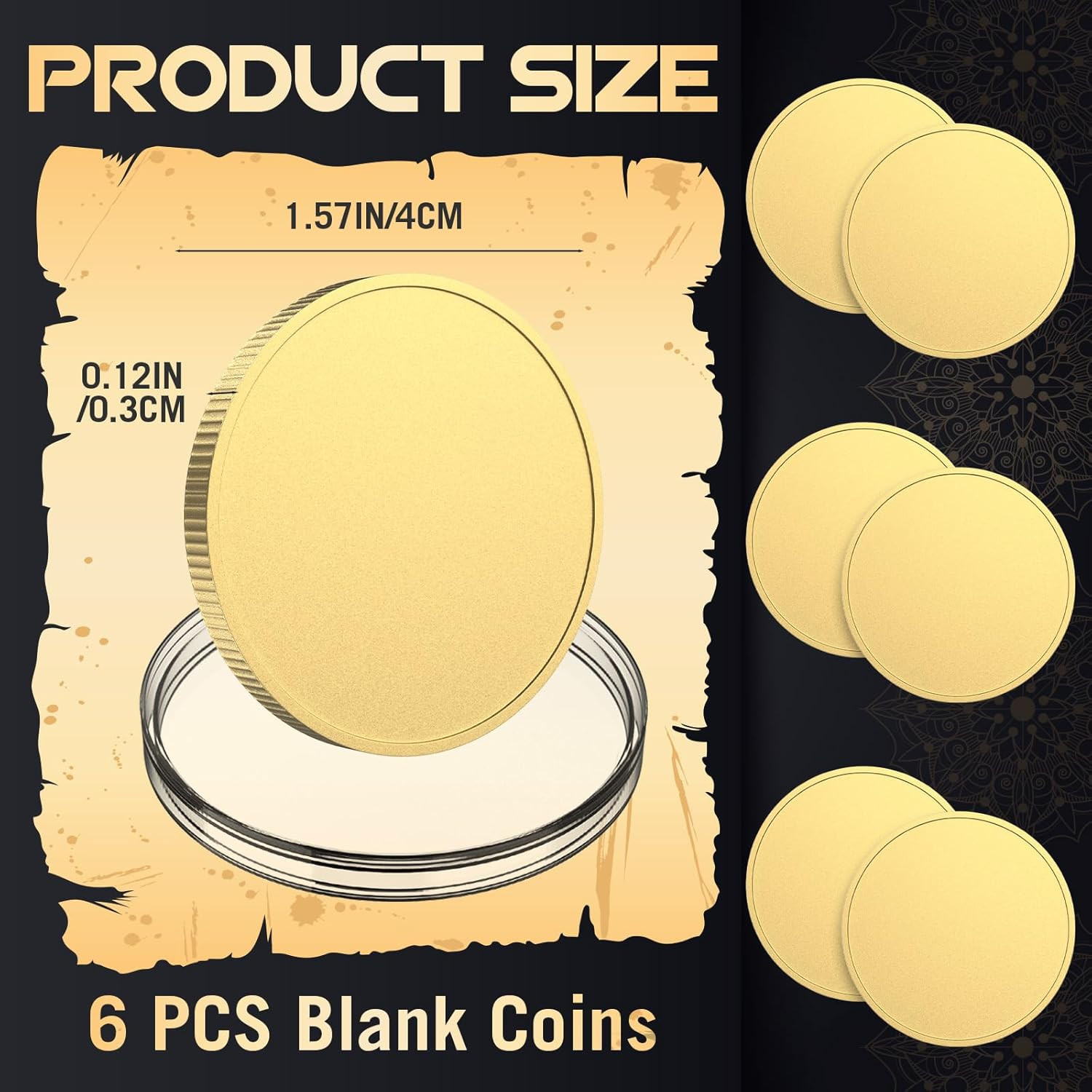 6 Pcs Blank Challenge Coin, Engraving Blanks Coins Threaded Edged 40 Mm with Acrylic Protection Box Laser Engravable Pattern for DIY Crafts Birthday Travel Commemorative Collection (Gold) image number 6