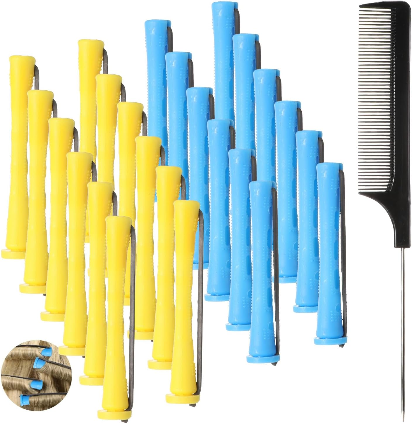 Perm Rollers Small Curlers Small Perm Set Complete 0.35/0.27 Inch Hair Perm Rods with Steel Spit Comb for Long Short Hair Styling Tool Blue/Yellow Pack of 24 image number 5