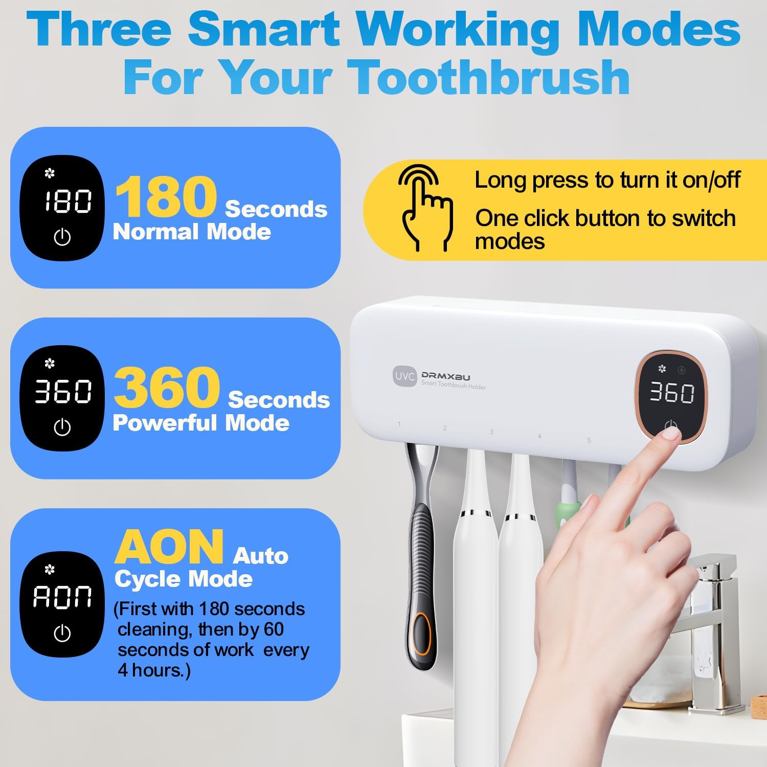 Toothbrush Holder, DRMXBU UV Electric Toothbrush Sanitizer Holder Wall Mounted for Bathroom with Light Clean Air Dry, Tooth Brush Holder with 5 Slots for Family, LED Timer Toothbrush Cleaner Case