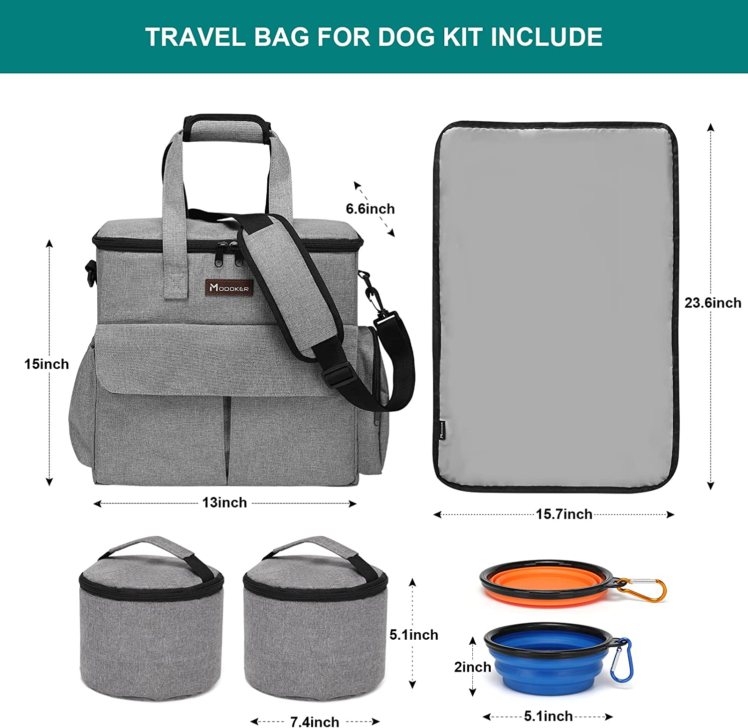 Modoker Dog Travel Bag, Weekend Pet Travel Set for Dog and Cat, Airline Approved Tote Organizer with Multi-Function Pockets (Grey) image number 2