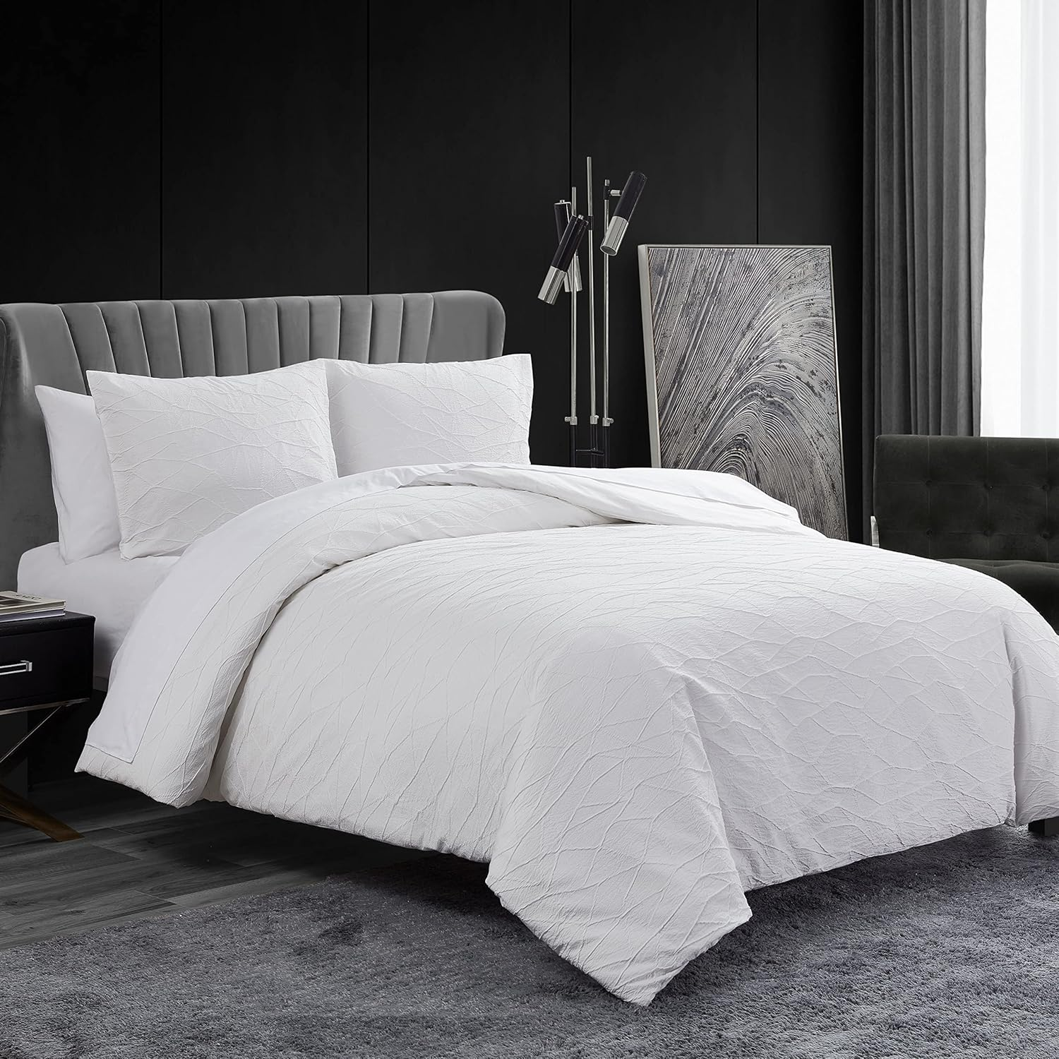 Vera Wang - King Duvet Cover Set, Luxury Bedding with Button Closure, Includes Matching Shams (Abstract Crinkle White, King) image number 5