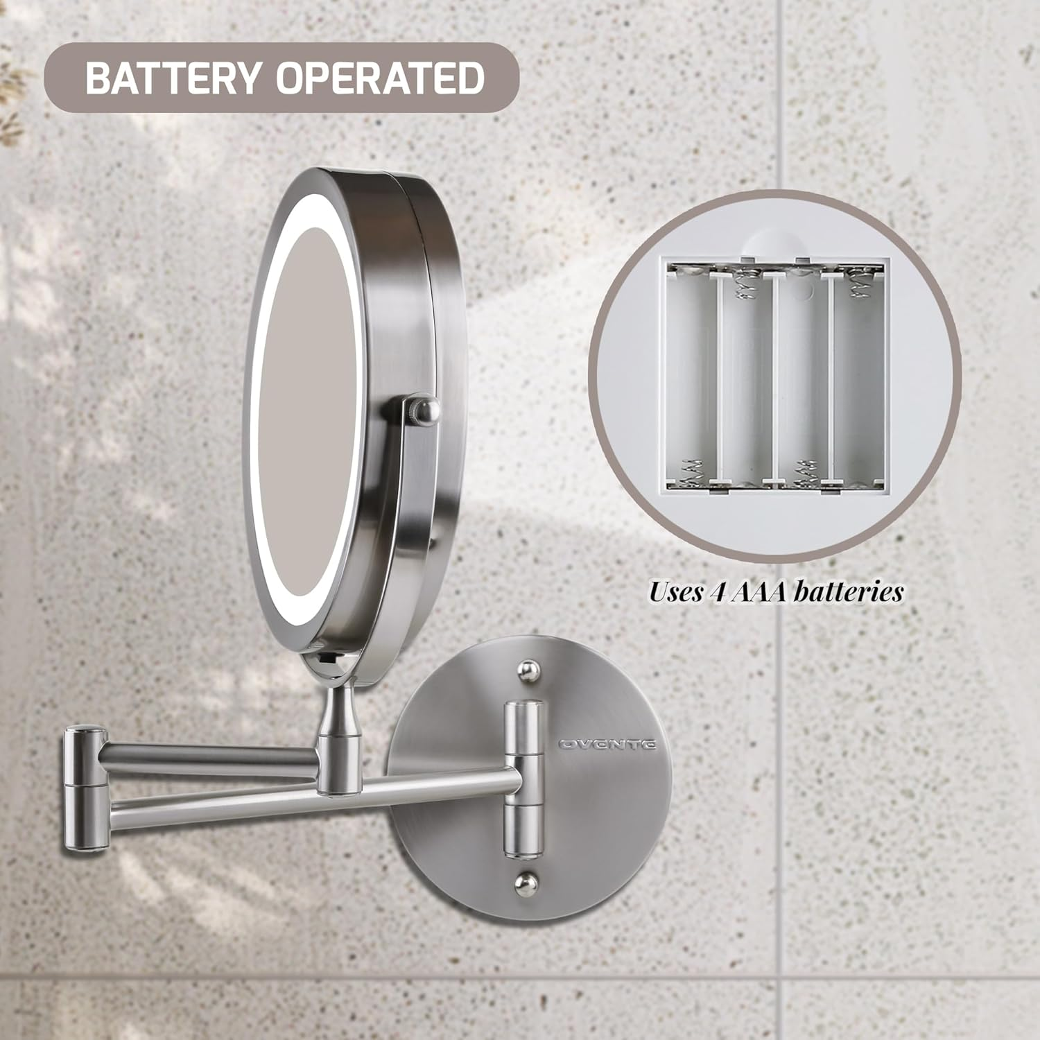 Ovente Wall Mount Make up Mirror, LED Lighted, 1X/10X Magnification, 7.0 Inch, Nickel Brushed (MFW70BR) image number 2