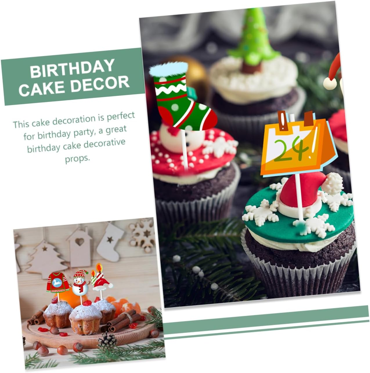 CANIGHT 2 Pack Christmas Cake Decorations Birthday Cake Inserts 24Pcs Xmas Themed Cupcake Toppers Festive Cake Baking Accessories image number 4