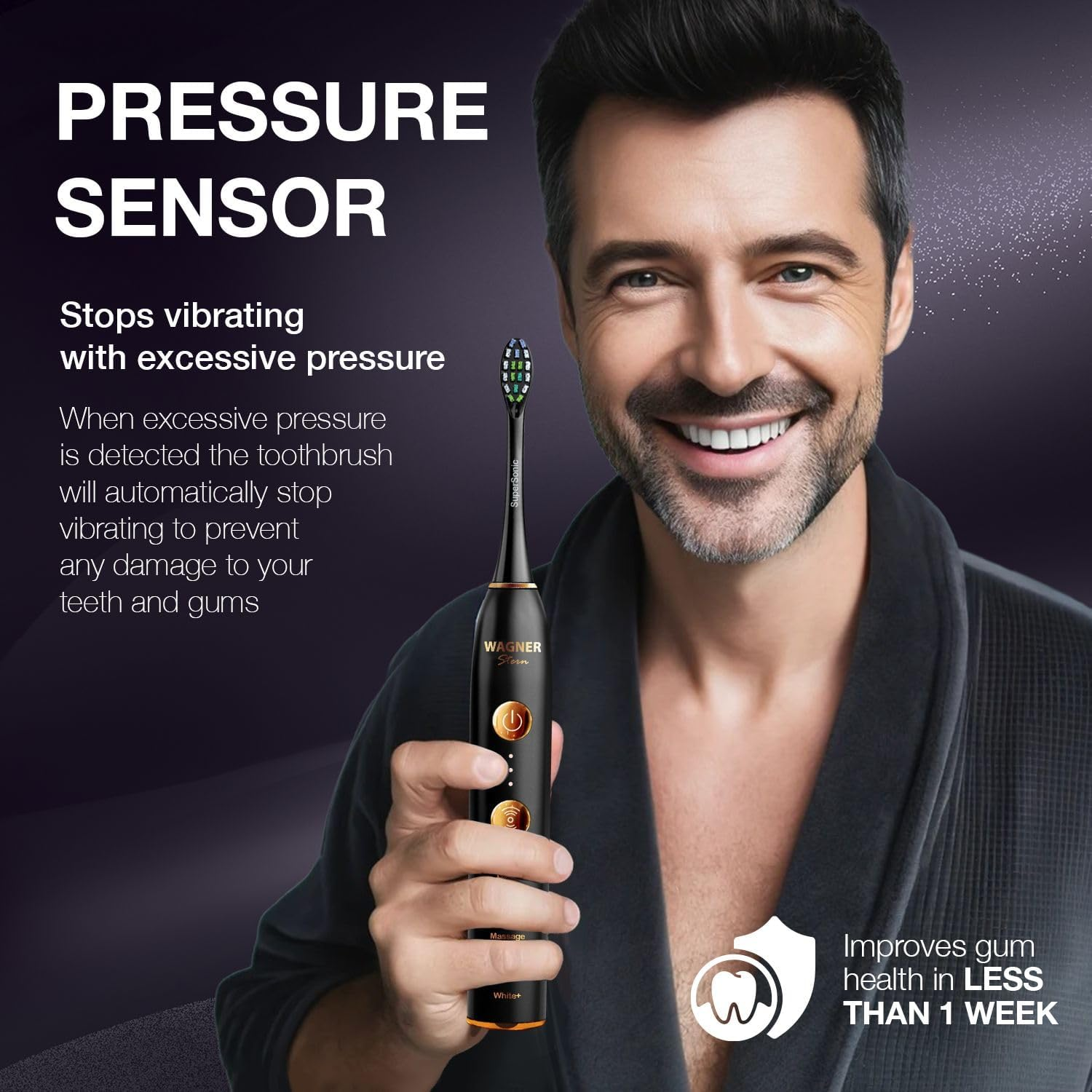 Wagner Stern WHITEN+ Edition. Whitening Electric Toothbrush with Pressure Sensor. Offers 5 Brushing Modes, 3 Intensities, 8 Soft Brush Heads, and a Luxury Travel Case. image number 1