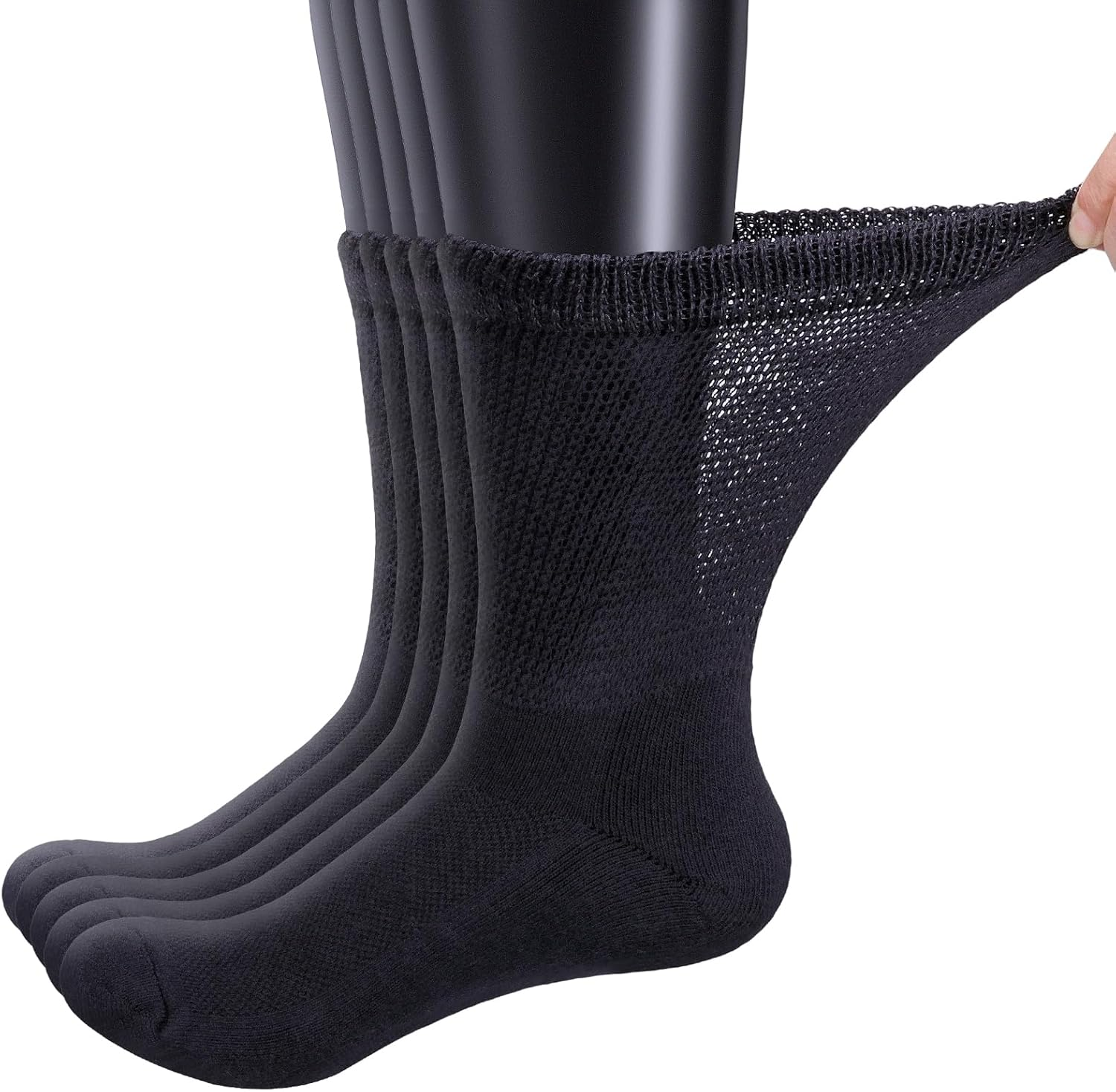 YUEDGE Diabetic Socks for Men Bamboo Comfort Sole Elastic Free Loose Black Non-Binding Socks for Men 9-11, 5 Pairs