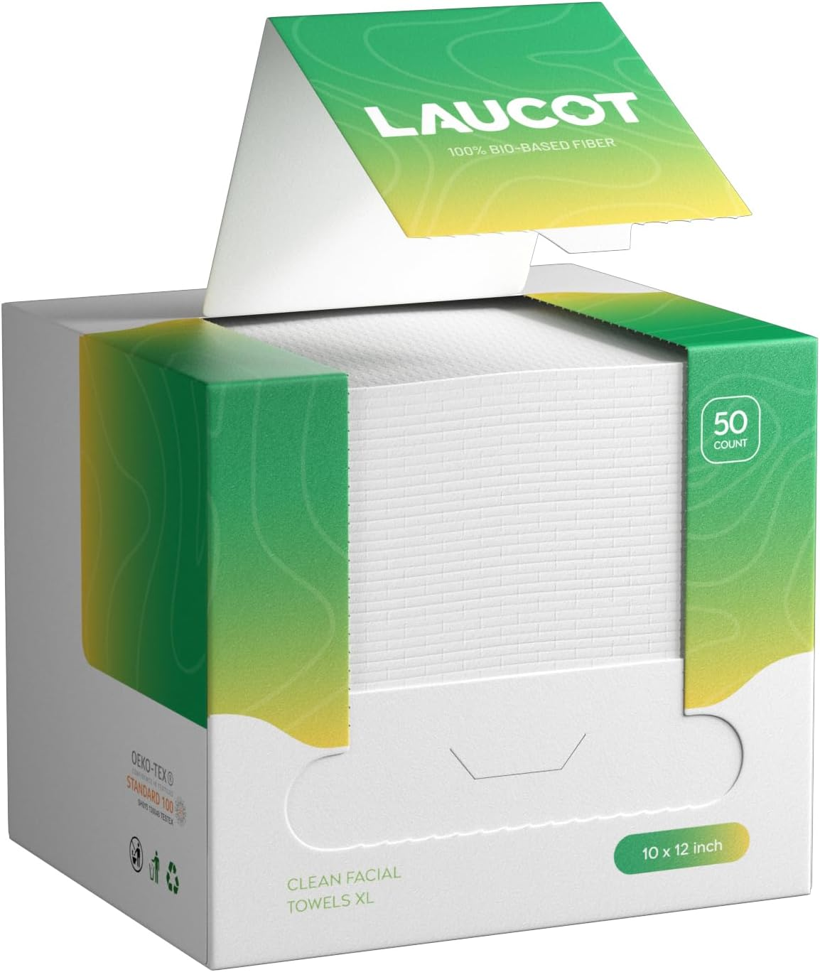 Laucot XL Disposable Face Towels | 50 Count, 100% Biodegradable, Ultra Soft & Larger (10"X12") | Bio-Based Fiber, Sustainable & Gentle for Sensitive Skin and Makeup Removal image number 2