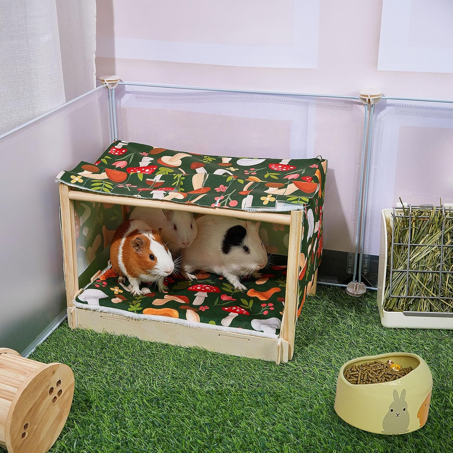 Hedgeink Guinea Pig Bed Wooden Hamster House with Waterproof Mat Rabbit Hideout Small Animal Hide Cage with Door Curtain for Hedgehog Chinchilla Bearded Dragon Ferret Bunny - Mushrooms image number 6