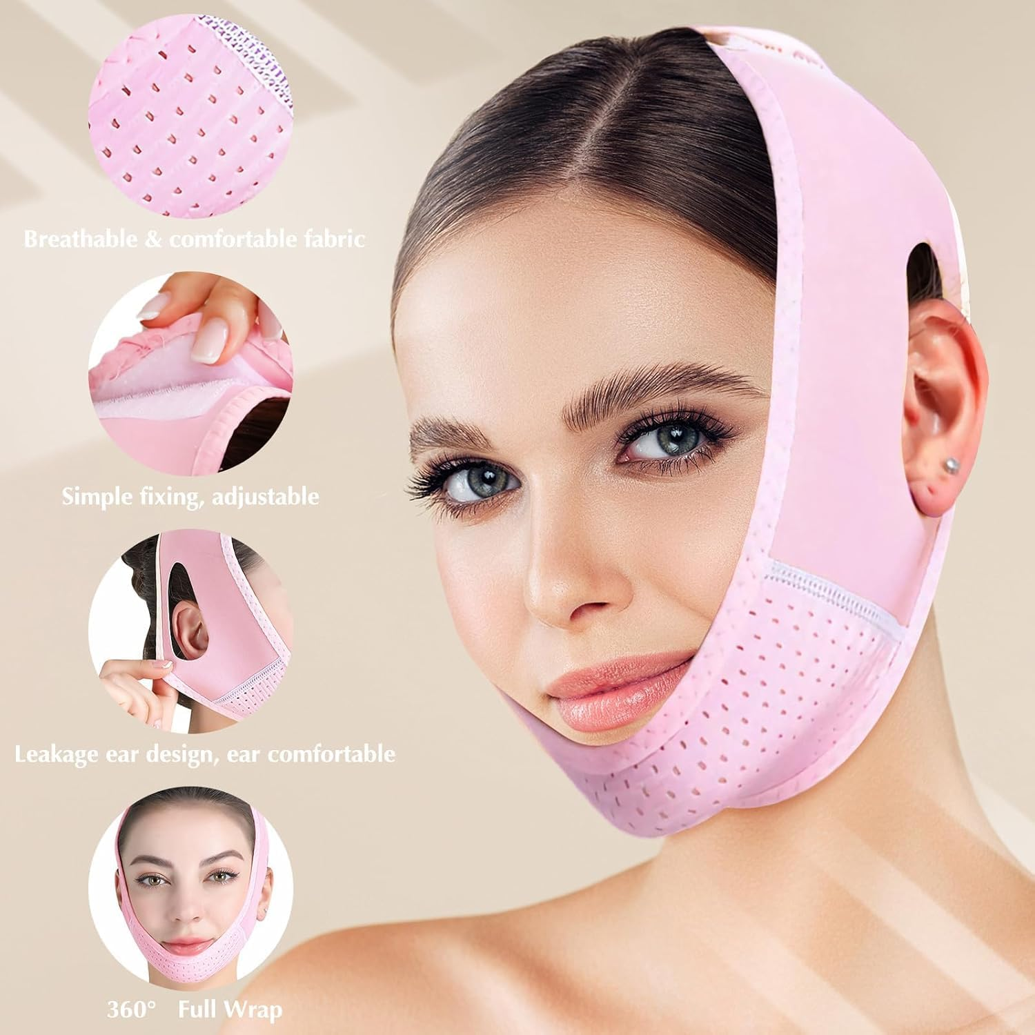 Reusable V Line Lifting Mask with Chin Strap, V Shaped Face Mask for Sagging, Jaw Exerciser (Pink) image number 5