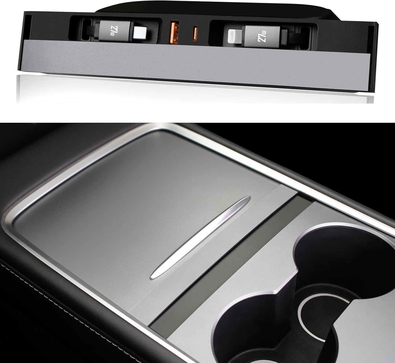 Car USB Hub Charger for Tesla with 2 Type-C Retractable Cables for Model Y Juniper 2025-2026 & Model 3 Highland 2024-2025,Total 140W Center Console Phone Charger Docking Station Accessories