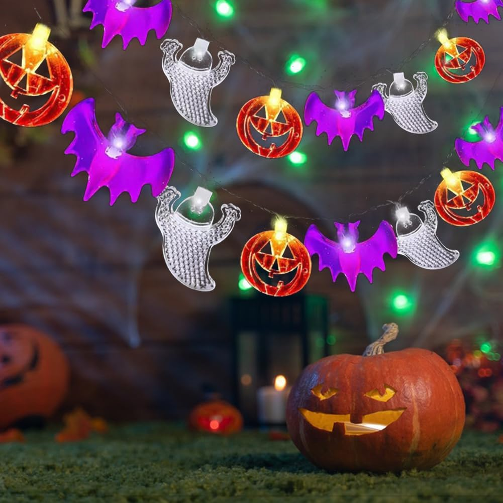Halloween Fairy Lights, Pack of 3 Ghost Bats Pumpkin Fairy Lights, 3 Metres, 20 Leds, Orange Pumpkins, Purple Bats, White Ghost Lights, for Halloween Decoration, Carnival, Porch, Window image number 3