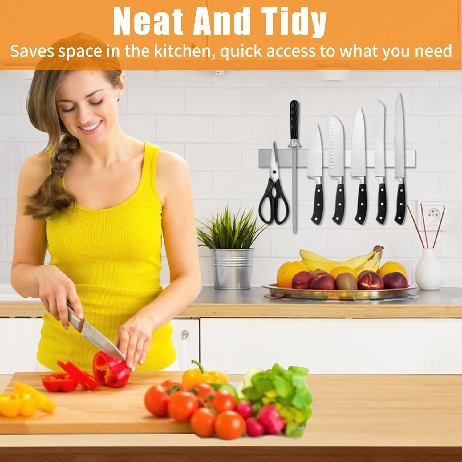 Magnetic Knife Holder for Wall 40Cm(16 Inch), Secure Easy Access Storage Stainless Steel Knives Rack, Strong Self Adhesive 3M Tape Strip Perfect for Kitchen or Garage Utensils Tools image number 3