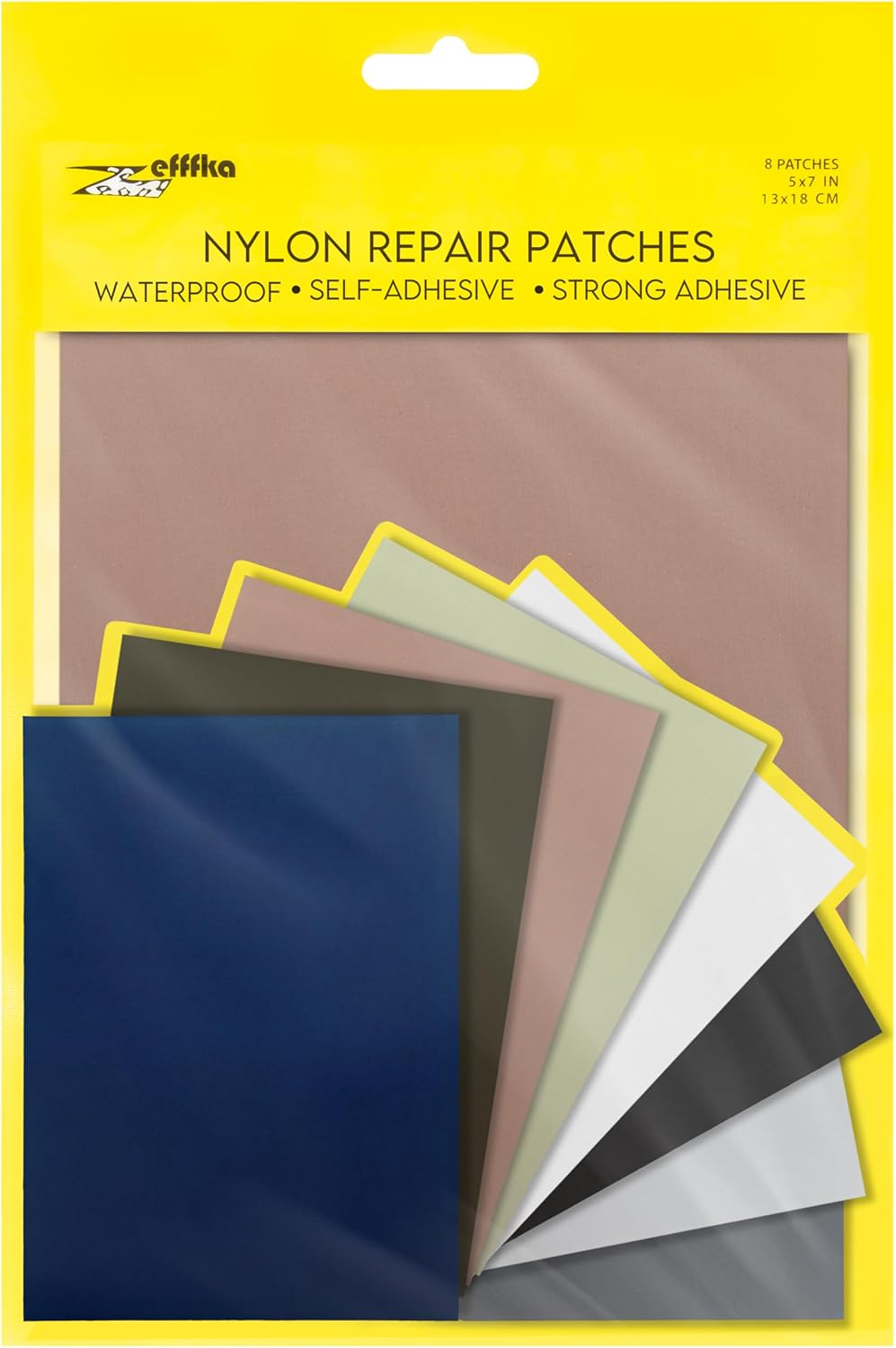 ZEFFFKA Nylon Self-Adhesive Repair Patches 8 Pack Waterproof Durable 13X18 Cm 5X7 Inch Fabric Patches for Jackets Tents Backpacks Sleeping Bags Clothing 8 Assorted Colors No Ironing Easy Fix