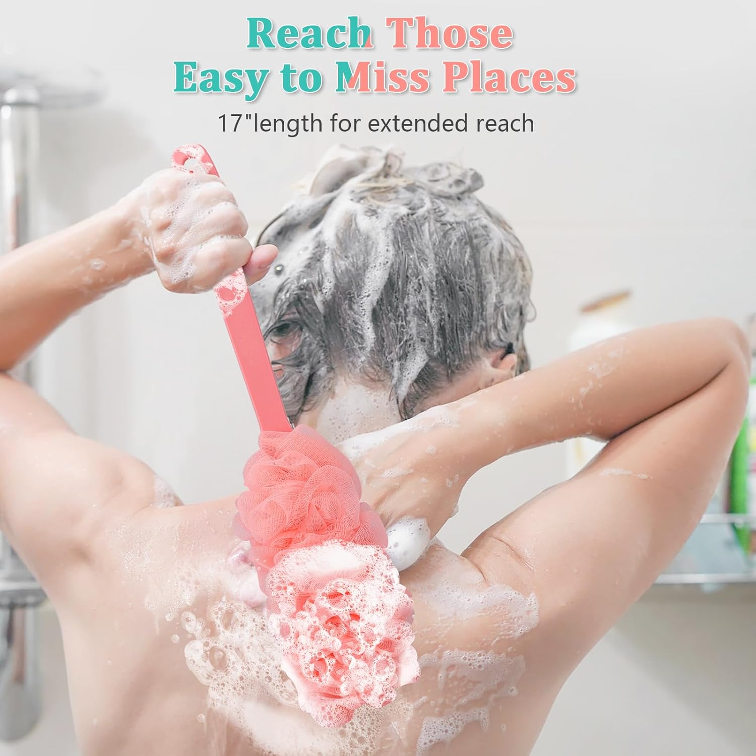 2 Pack Back Scrubber Brush Shower Loofah for Men or Women 17&Prime; Body Scrubber Long Handle Sponge with Bath Brush Net Soft Mesh Back Washer (Pink & Green) - Pink 2P  Green 2P image number 2