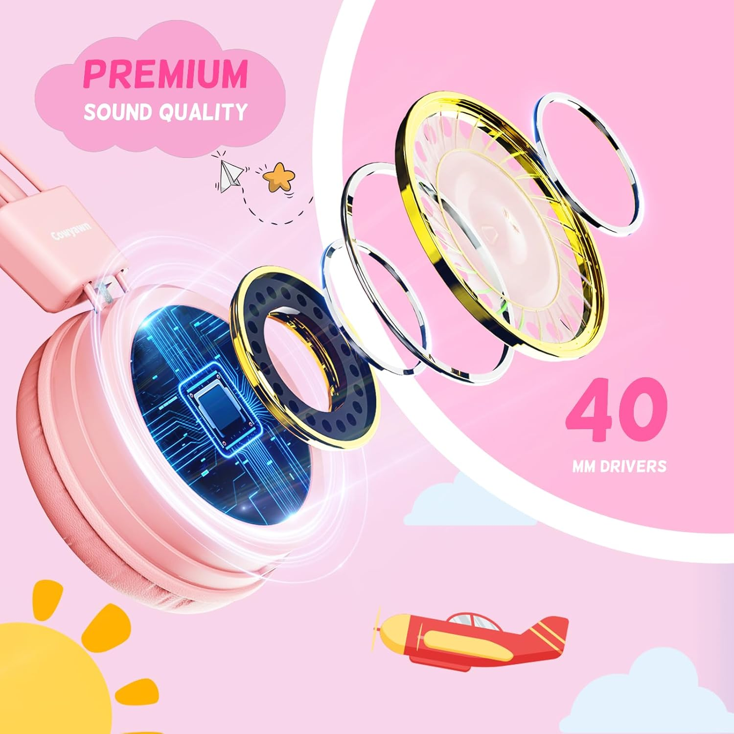 Cowyawn USB Type C Kids Headphones for School, Wired Toddler Headphones, 94Db Volume Limited, HD Stereo Sound, Foldable Lightweight On-Ear Wired Headphones for Kids/Children/Teens/Boys/Girls image number 2