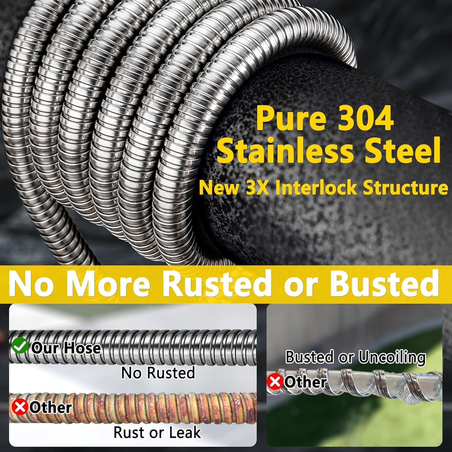 Garden Hose 50Ft, Heavy Duty Stainless Steel Water Hose, No Kink, Lightweight and Flexible, Easy to Use and Store, Strong and Sturdy, Suitable for Yard and Lawn image number 6