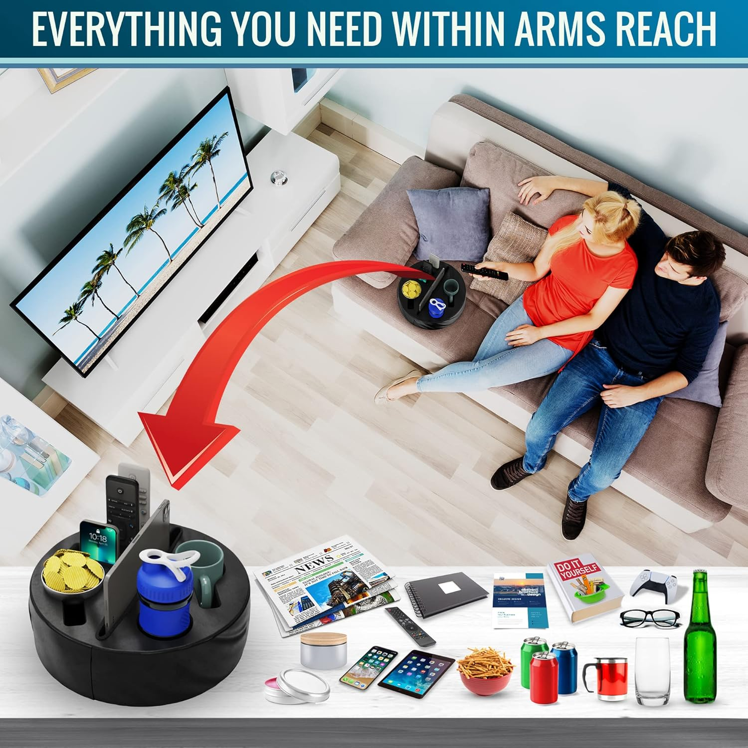 Convenient Couch Cup Holder, Couch Caddy, Sofa Cup Holder. the Perfect Couch Accessory 99D5-Circle-Leather-Black - 99D5-Circle-Leather-Black image number 5