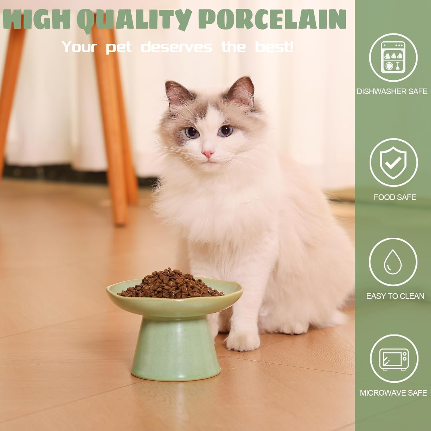 Wide Shallow 6.1" Raised Cat Bowls, Ceramic Elevated Food Bowl for Flat Faced Cats and Small Dogs, Porcelain Feeder Bowl, Stress Free, Protect Cat&rsquo;S Spine, Green image number 1