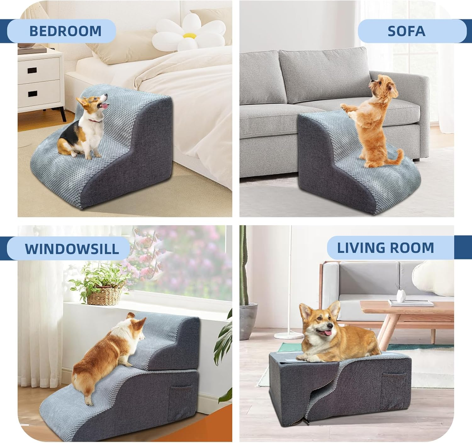 Yazoni 2 Pieces Dog Stairs Set - 4 Step 56Cm Height Detachable Doggy Stairs for Old Cats, High Density Foam Curved Cat Ramp, Non-Slip Balanced Pet Step Indoor, Dog Bed Stairs for High Beds and Couch image number 2
