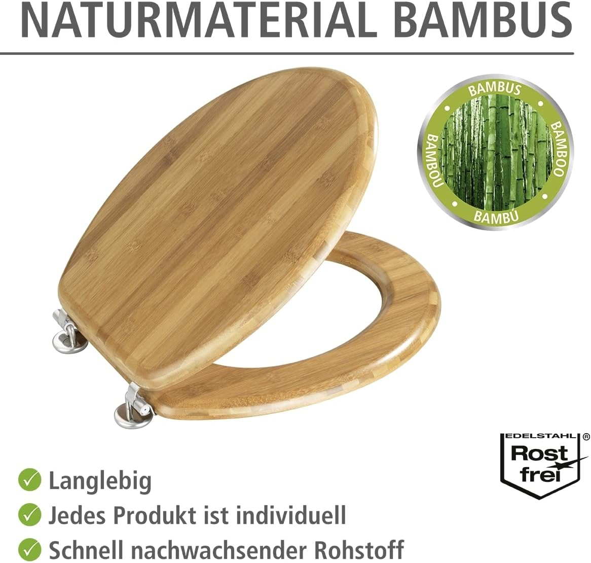 Wenko 144726100 Toilet Seat Bamboo Chromemetal Mounting, Bamboo, 37 X 42.5 Cm, Brown Dark Brown