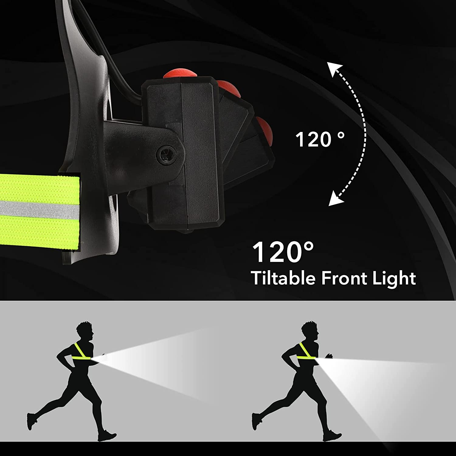 Night Running Lights for Runners, USB Rechargeable LED Chest Lamps with Wearable Reflective Gear, Waterproof Safety Lights Backlight Flashlight with 3 Modes for Running, Jogging (Black & Green) image number 6