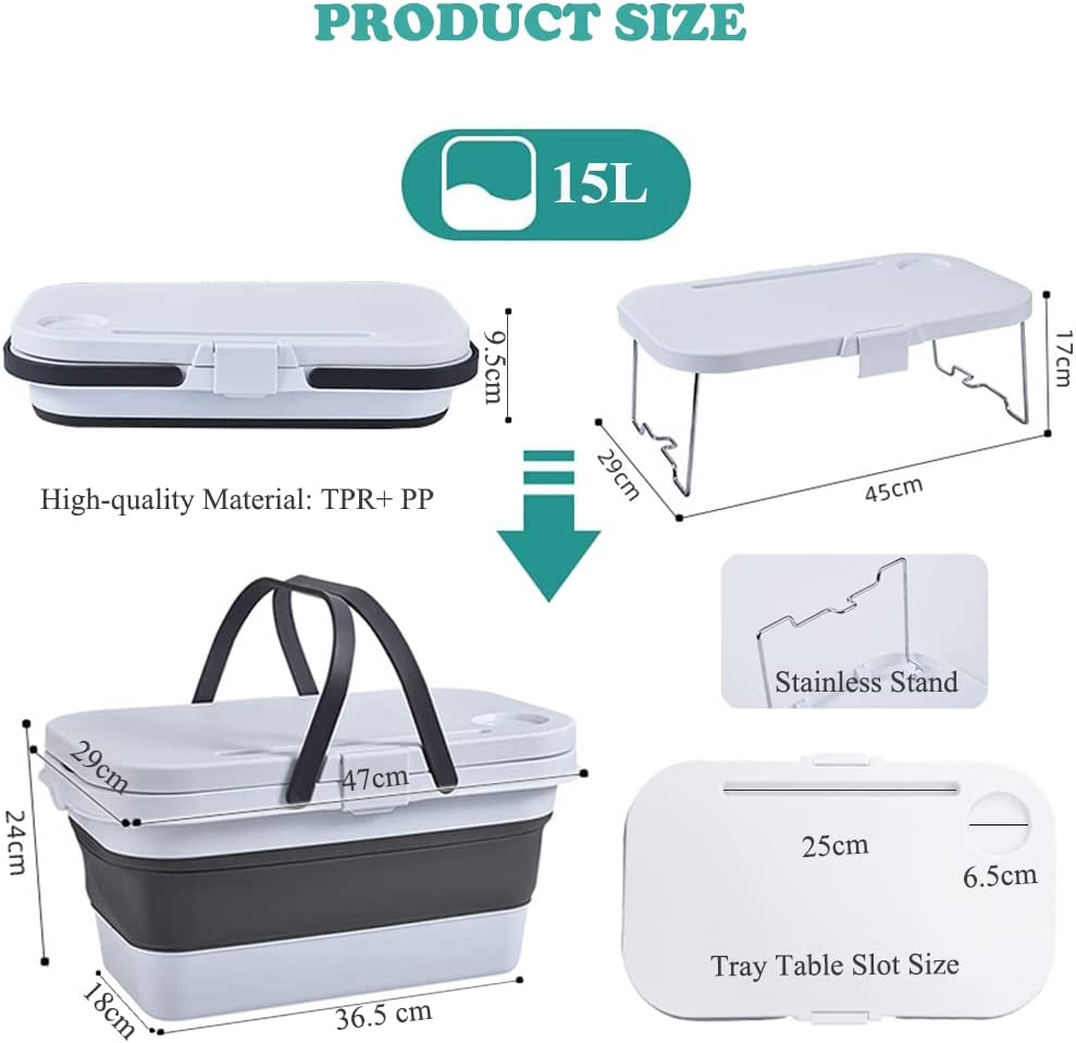 FOREVERIE Waterproof Collapsible Picnic Basket, Camping Foldable Water Bucket/Basket with Food Table Function & Double Handles for Cars Outdoor Beach or Hiking image number 1