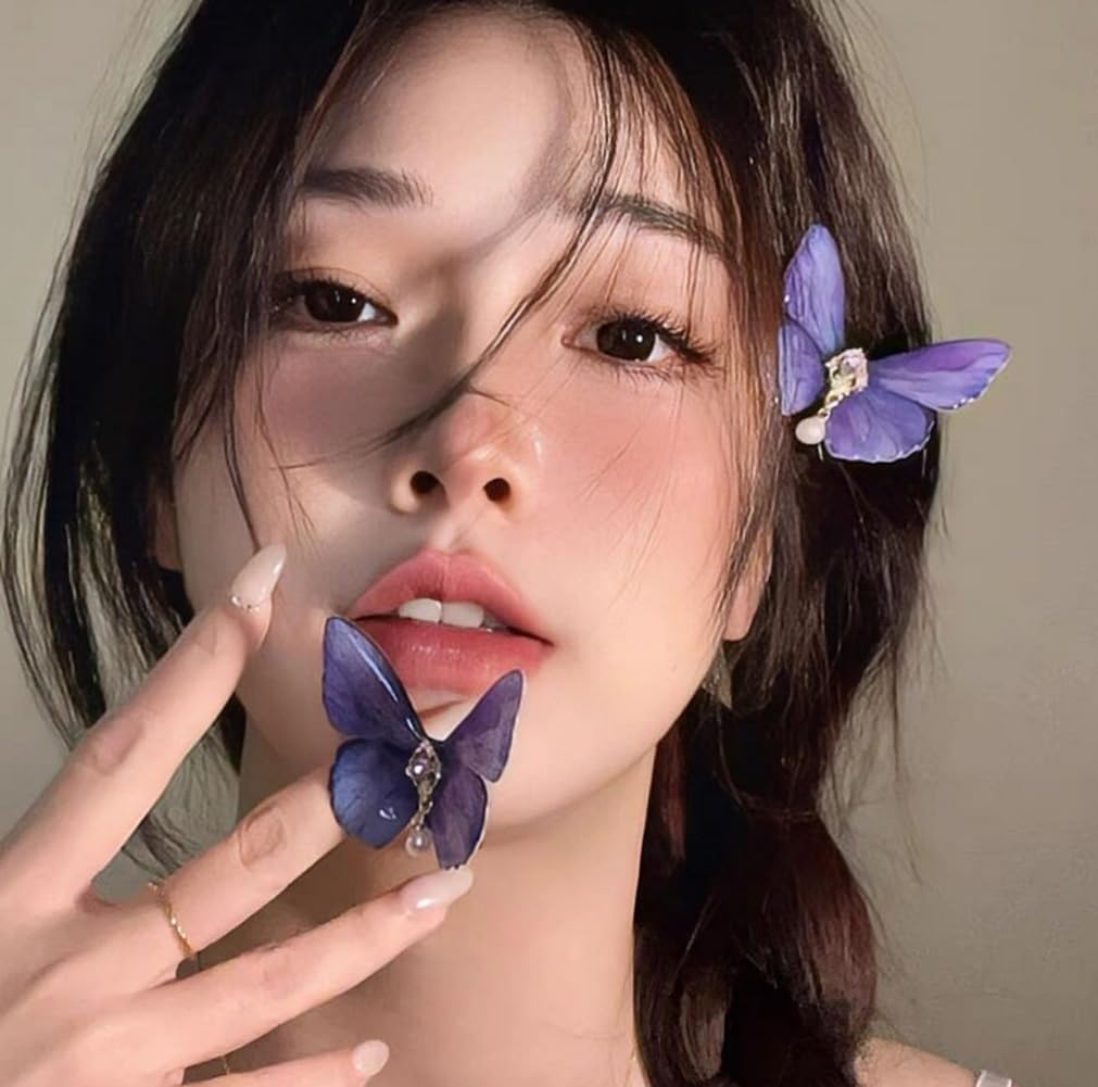 2 Pcs Premium Glitter Butterfly Hair Clips Cute Butterfly Hair Barrettes Clamps Headwear Hair Accessories for Women Girls(Purple) image number 3