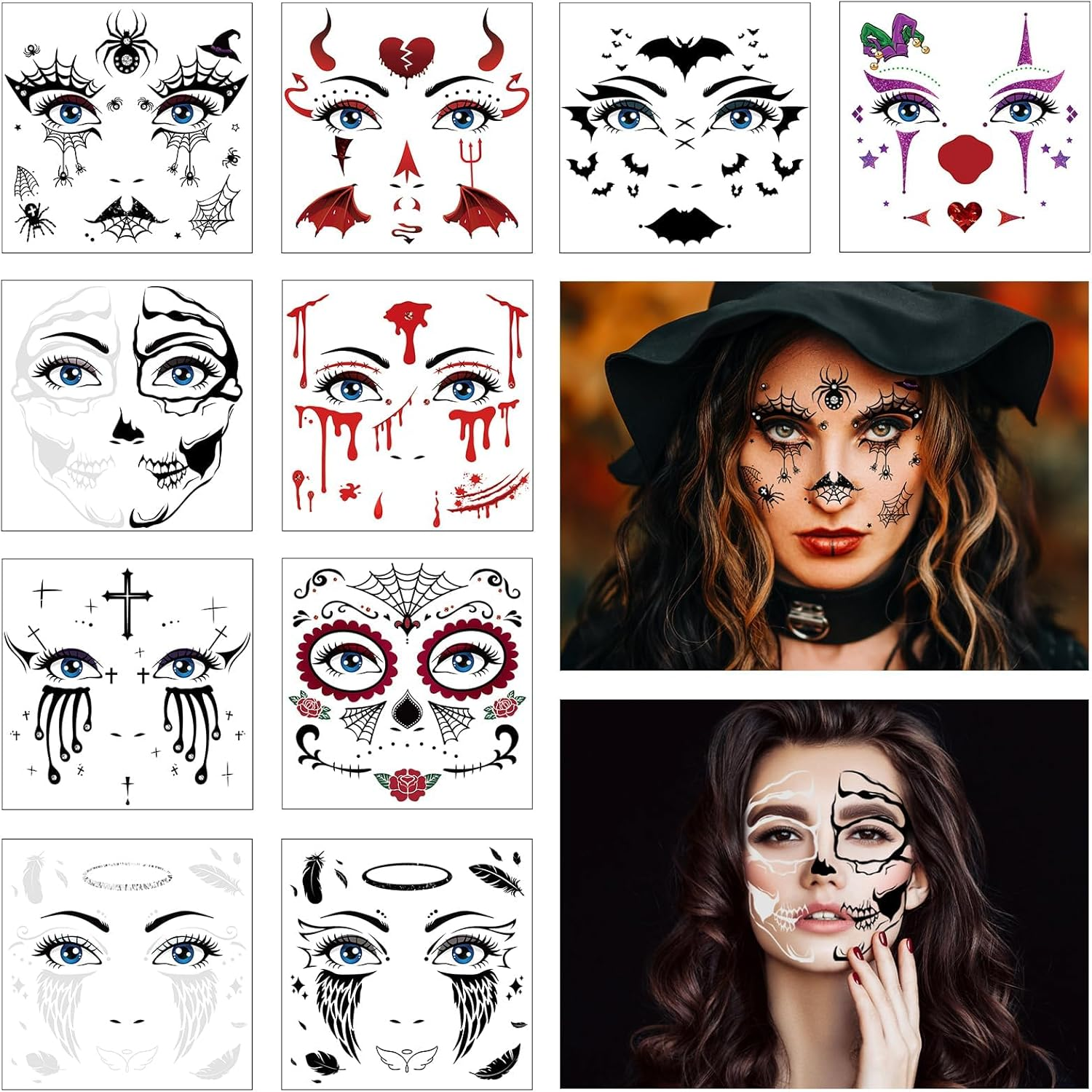 10 Halloween Face Tattoos & Stickers - Day of the Dead, Spider Bat Devil Clown Scar Tattoos for Halloween Makeup & Costumes image number 5