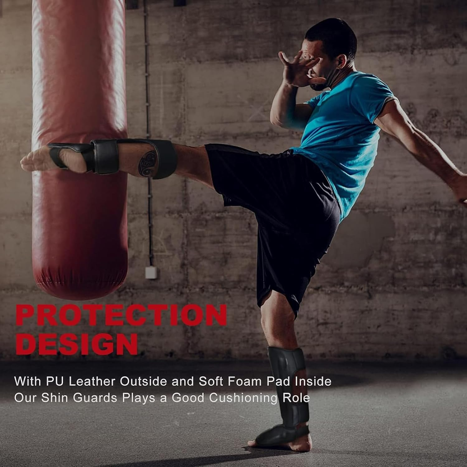 Homodoskey Sports Shin Guards &ndash; Boxing Muay Thai Instep Leg Protector for Martial Arts, Kickboxing, BJJ, Karate, Taekwondo &ndash; PU Leather Reinforced MMA Shin Guards with Foam Padding image number 6