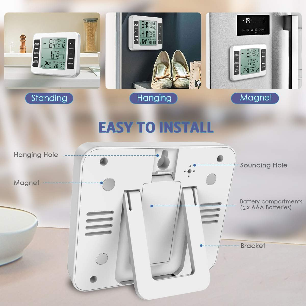 ​​Refrigerator Digital Thermometer Hygrometer, Fridge Thermometer with 2 Sensors, Temperature Alarm, Min/Max, Temperature Trend Display, Indoor Room Thermometers for Home, Restaurant, Bar