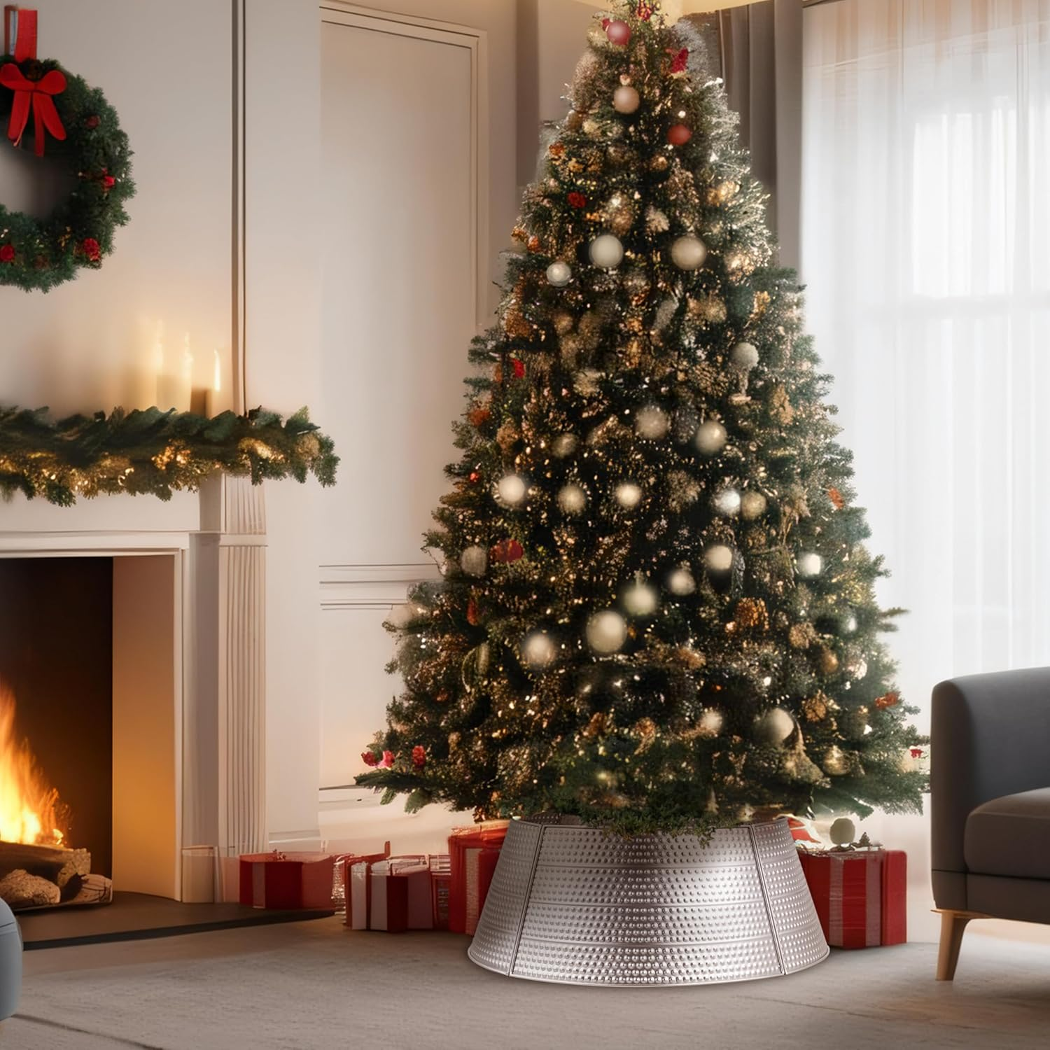 Christmas Tree Collar and Skirt Set - 23" Festive Holiday Decor with Gold Metal Tree Collar Base Stand - Ideal for Real or Artificial Trees - Christmas Skirt Tree Basket Decorations Gift image number 4