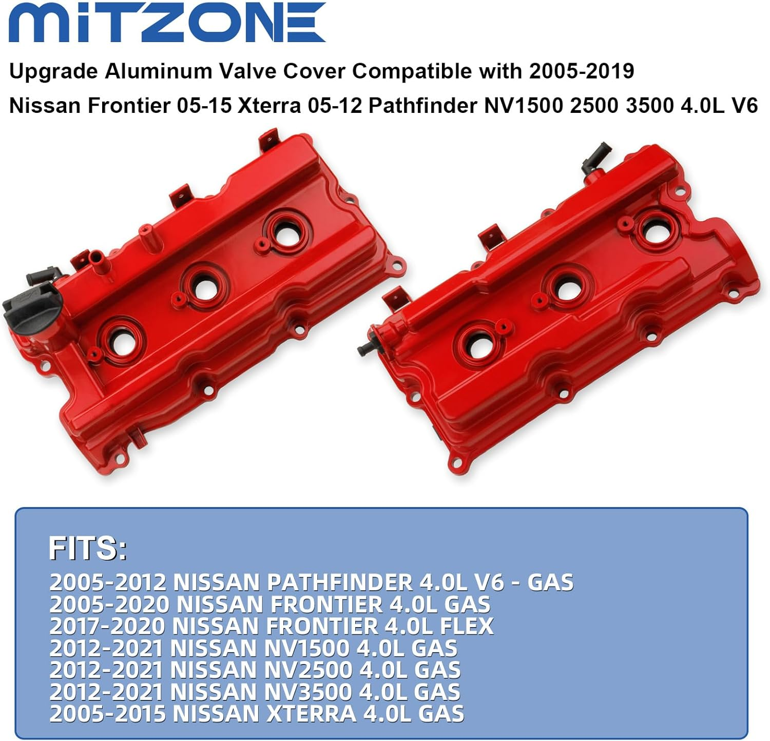MITZONE Upgrade Aluminum Valve Cover Compatible with 2005-2019 Nissan Frontier 05-15 Xterra 05-12 Pathfinder NV1500 2500 3500 4.0L V6 Replacement # 13264-EA210, 13264-EA200 Red image number 1