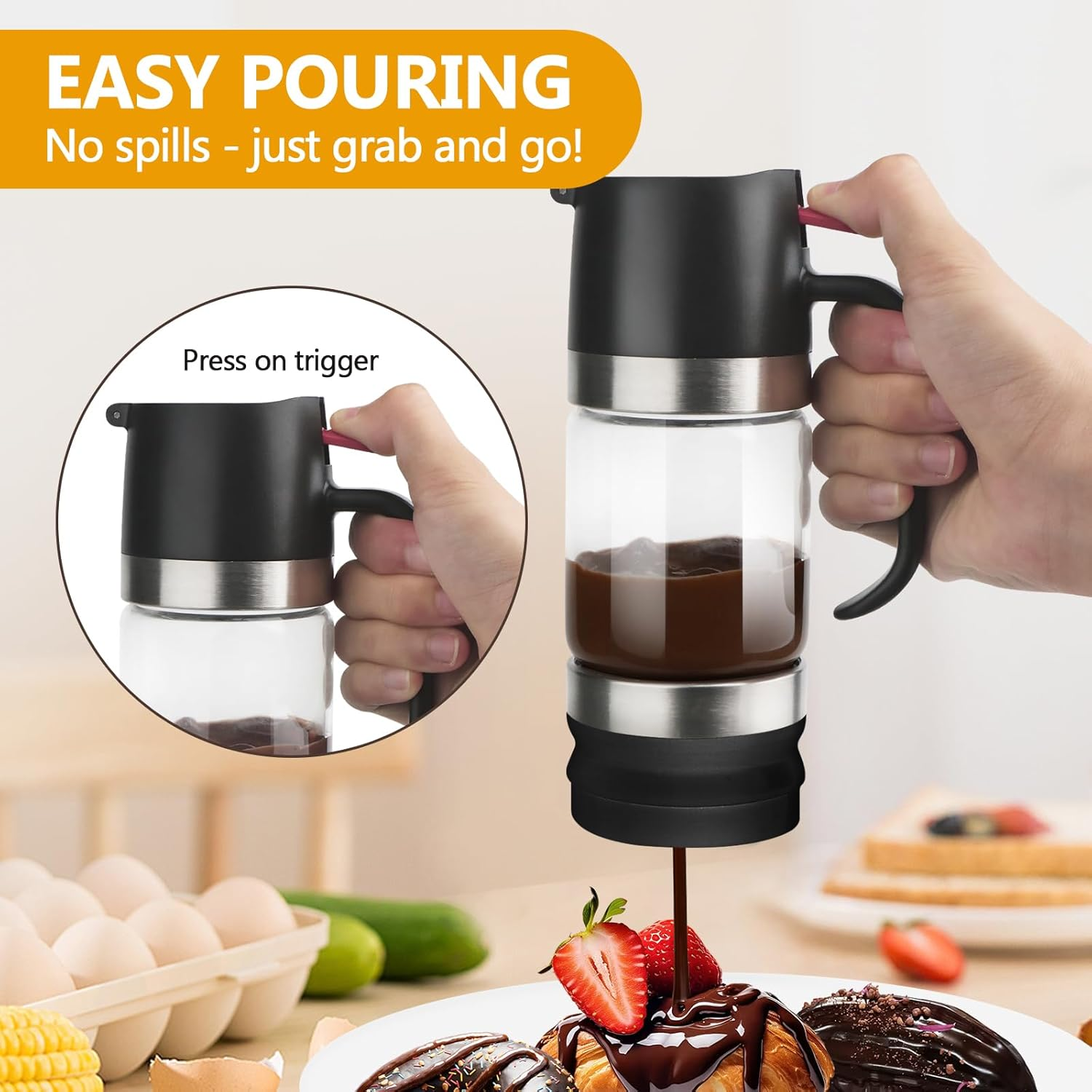 Glass Honey Dispenser,10 OZ Honey Pot with Handle,No Drip Honey Container Jar,Maple Syrup Dispenser,Ideal for Honey and Syrup,Black Base image number 2