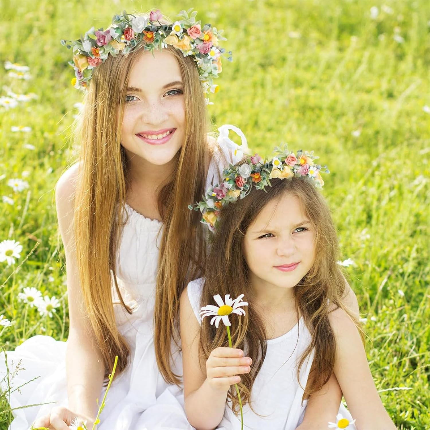 Dinghaole 2Pcs Rose Flower Crown, Floral Wreath Headband, Wedding Bridal Headpiece Hawaiian Party Accessories, Bohemian Style Headdress for Fun Day Out Bridal Headwear Party Festivals Hair Accessories image number 2