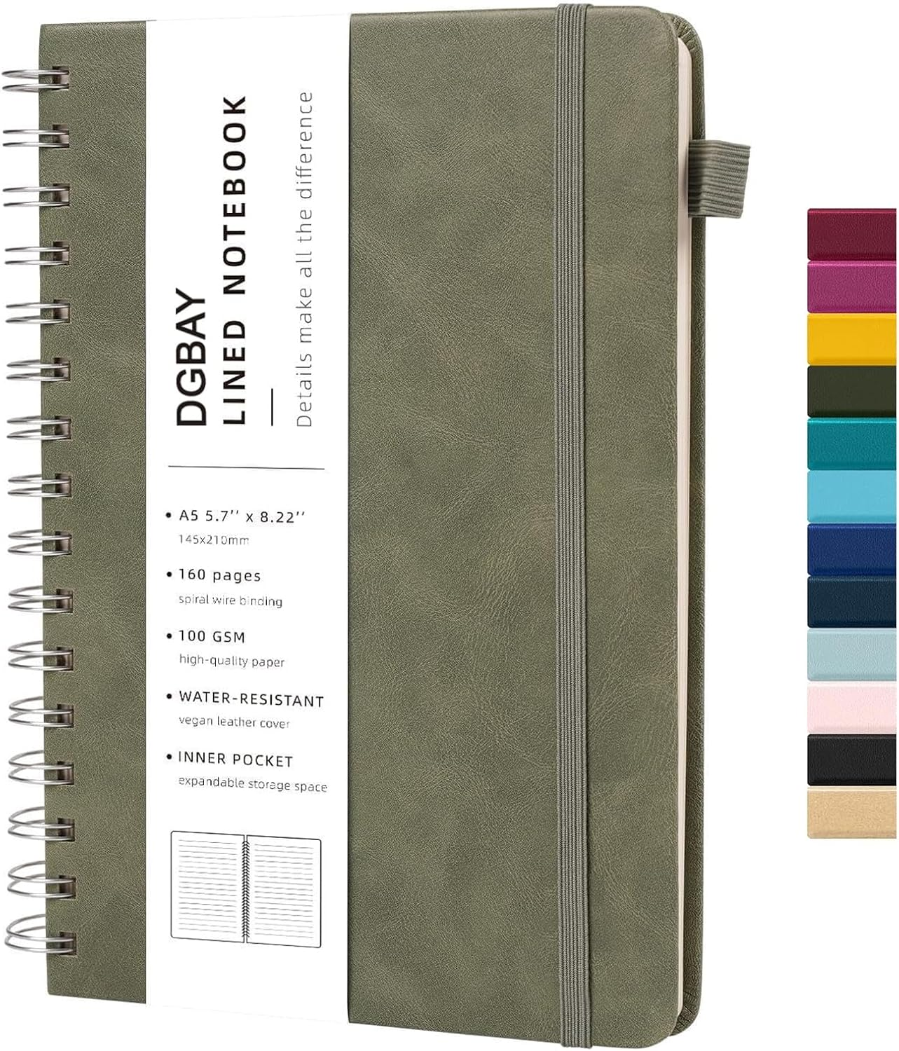 Lined Spiral Notebook Journal for Women Men 200 Pages A5 College Ruled Hardcover Leather with Pen Holder Notebook Journals for Note Taking Work (Green)
