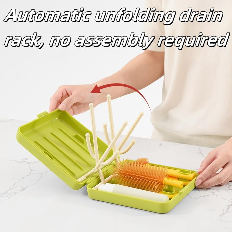 3-In-1 Baby Bottle Cleaner Kit with Pacifier & Straw Brush, Portable Travel Brush Set for Baby Care - Includes Scrubber, Dispenser Bottle & Drain Column (White) - Blue image number 4