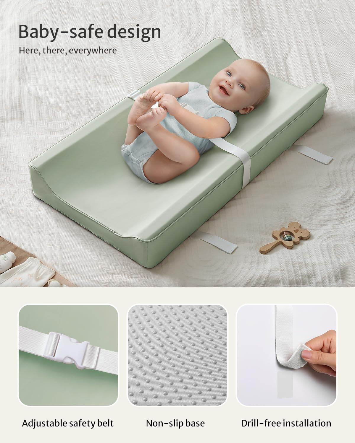 Blissful Diary Vegan Leather Baby Changing Pad with Waterproof & Wipe-Clean PU Cover, Standard Size Cozy Diaper Changing Pad for Dresser and Table, Light Green image number 3