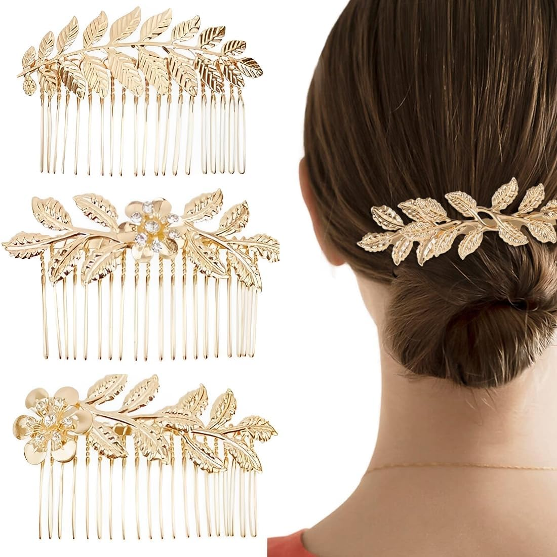 3 Pieces Hair Combs, Vintage Metal Hair Comb, Side Hair Combs, Decorative Bridal Leaf Clips, Golden French Twist Hair Comb for Women image number 3