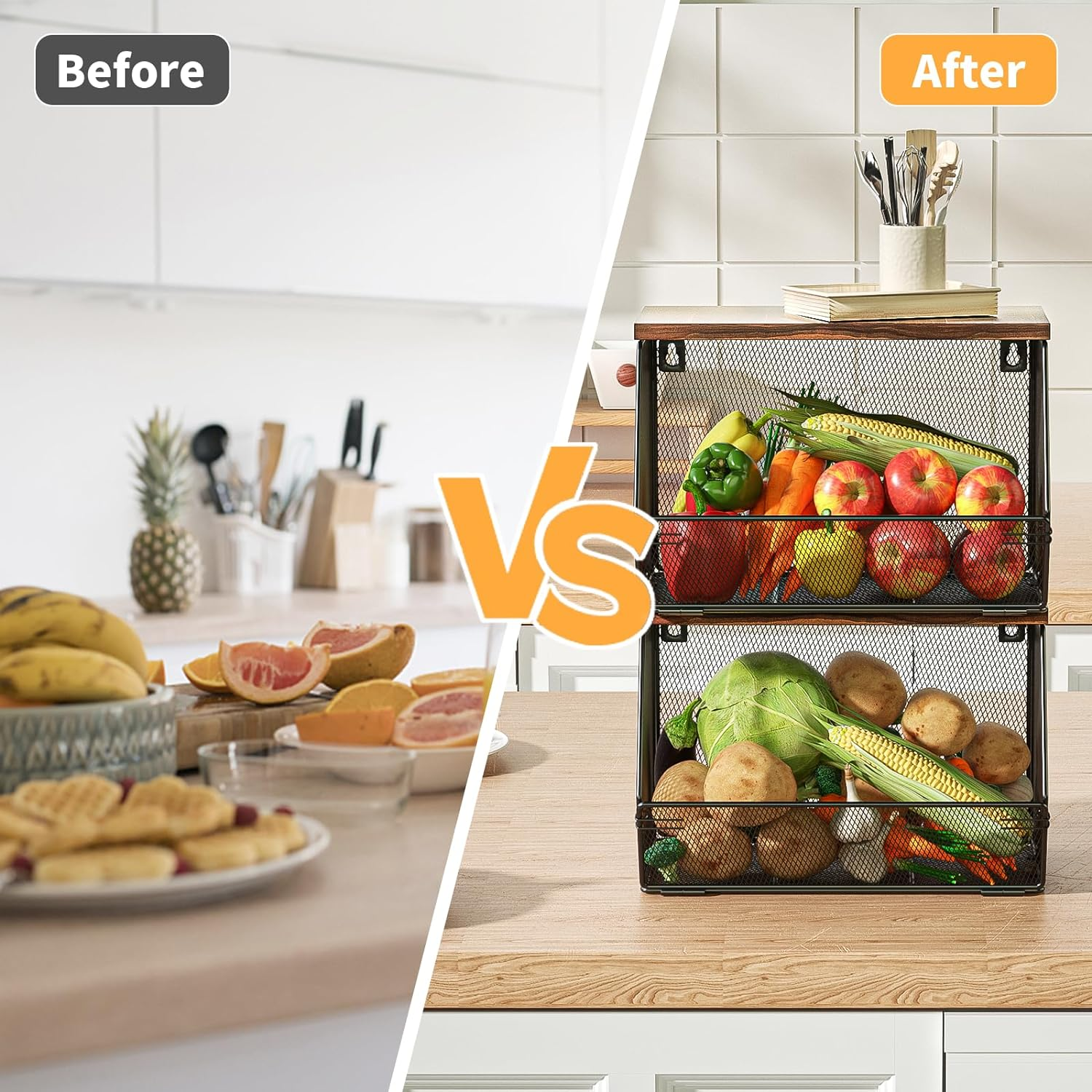 Fruit Basket for Kitchen Wire Baskets with Wood Lid, Wall Mounted Produce Basket for Fruit and Vegetable, Stackable Countertop Onion and Potato Storage, 7.1"W & 11.1"W Kitchen Counter Organizer image number 5