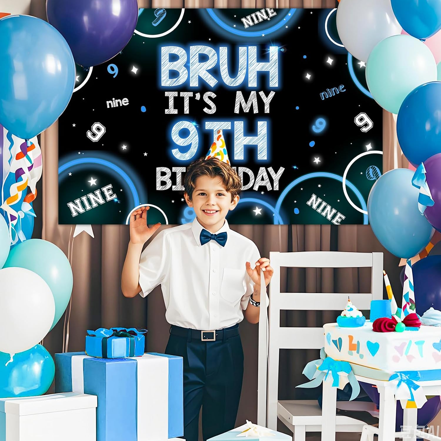 Wonmelody Bruh It&rsquo;S My 9Th Birthday Decor 4.92*3.28Ft Bruh It&rsquo;S My 9Th Birthday Backdrop Banner Blue Black 9Th Birthday Decor for Boy Happy 9Th Birthday Party Supplies Cheers to Nine Years Old Decor image number 1