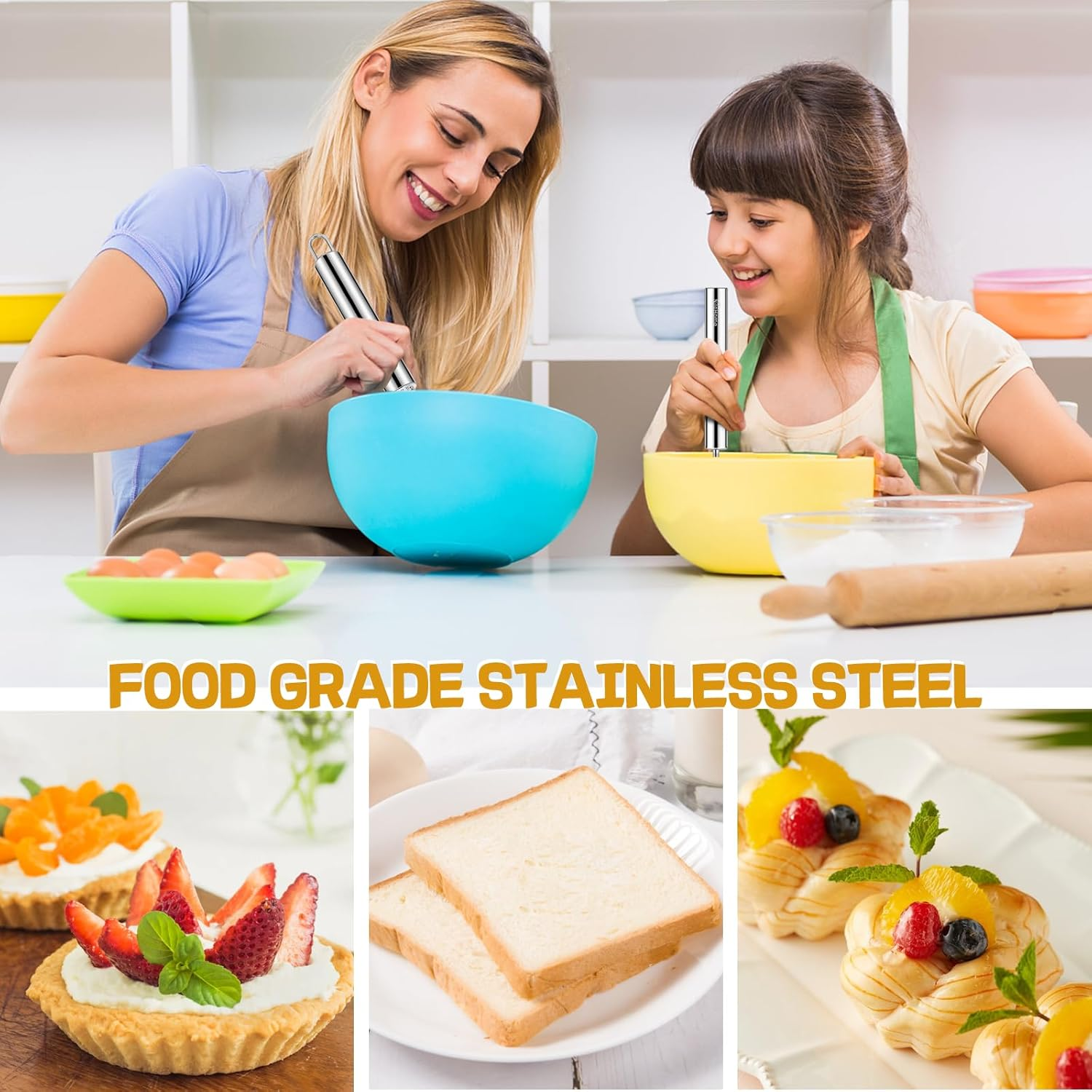 Nilehome Stainless Steel Whisk Set 8" 10" Hand Blender + 12" Semi-Automatic Rotary Kitchen Whisk Kitchen Wisk Wire Whisks for Cooking, Whisking, Blending, Beating, Stirring- 3 Pack... image number 2