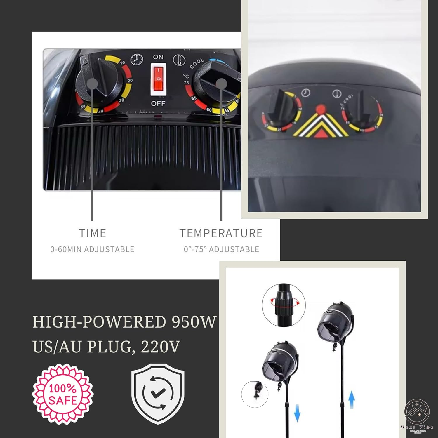 Professional Hooded Hair Dryer - Adjustable Height, 950W Power, Black ABS & Aluminium Alloy with US/AU Plug, 220V - Ideal for Salon & Home Use image number 4