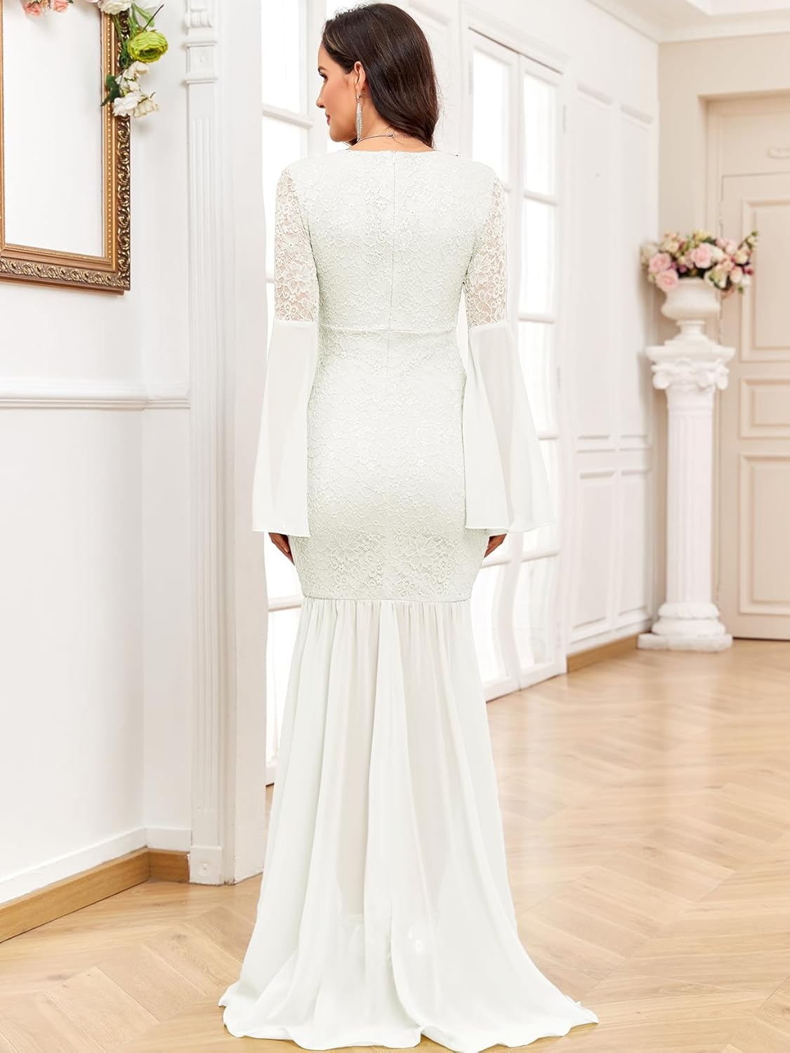 Maternity Dress Baby Shower Long Bell Sleeve Floral Lace Contrast Chiffon V-Neck Mermaid Pregnancy Photoshoot Gown image number 2