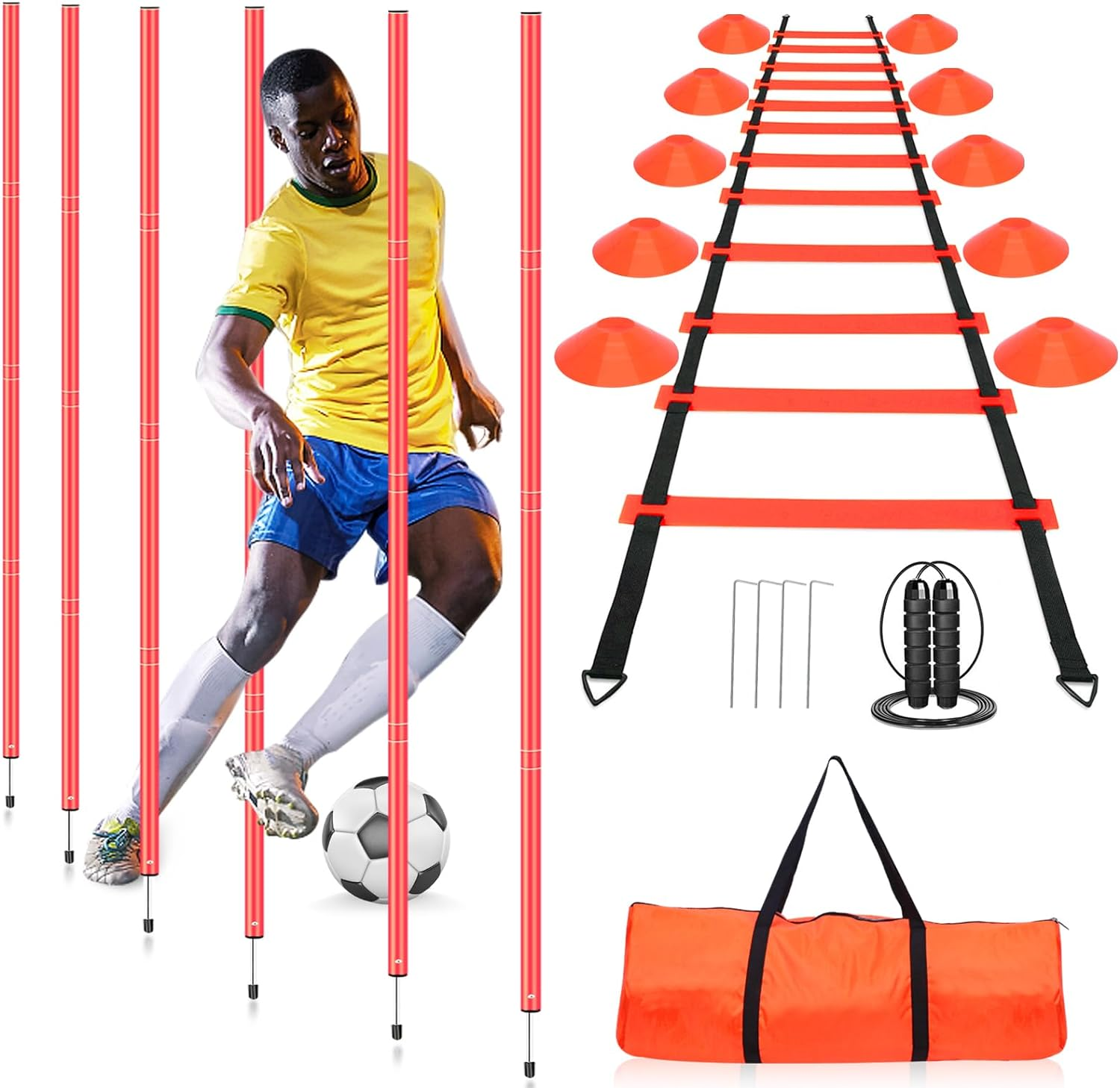 HOTOOLME Agility Training Poles Equipment Soccer Training Equipment Includes 6 Agility Poles,Agility Ladder, 10 Soccer Cones,Jump Rope for Speed Training, Soccer Training, Basketball Athletes & Kids