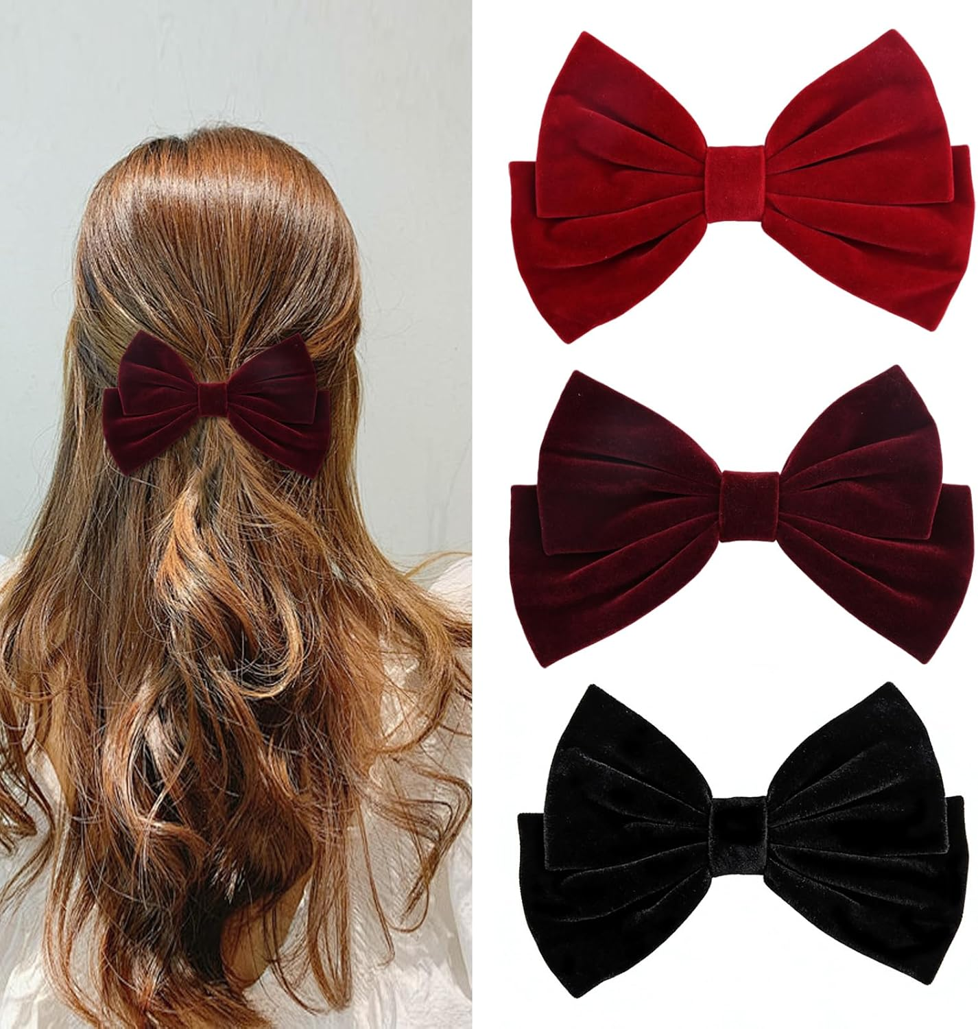 3 Pieces Velvet Bow Hair Clips, Vintage Hair Bows Barrettes Solid Color, Velvet Ribbon Bowknot French Barrettes Hair Accessorieshair Styling Clips for Girls Women (Red, Burgundy, Black) image number 3
