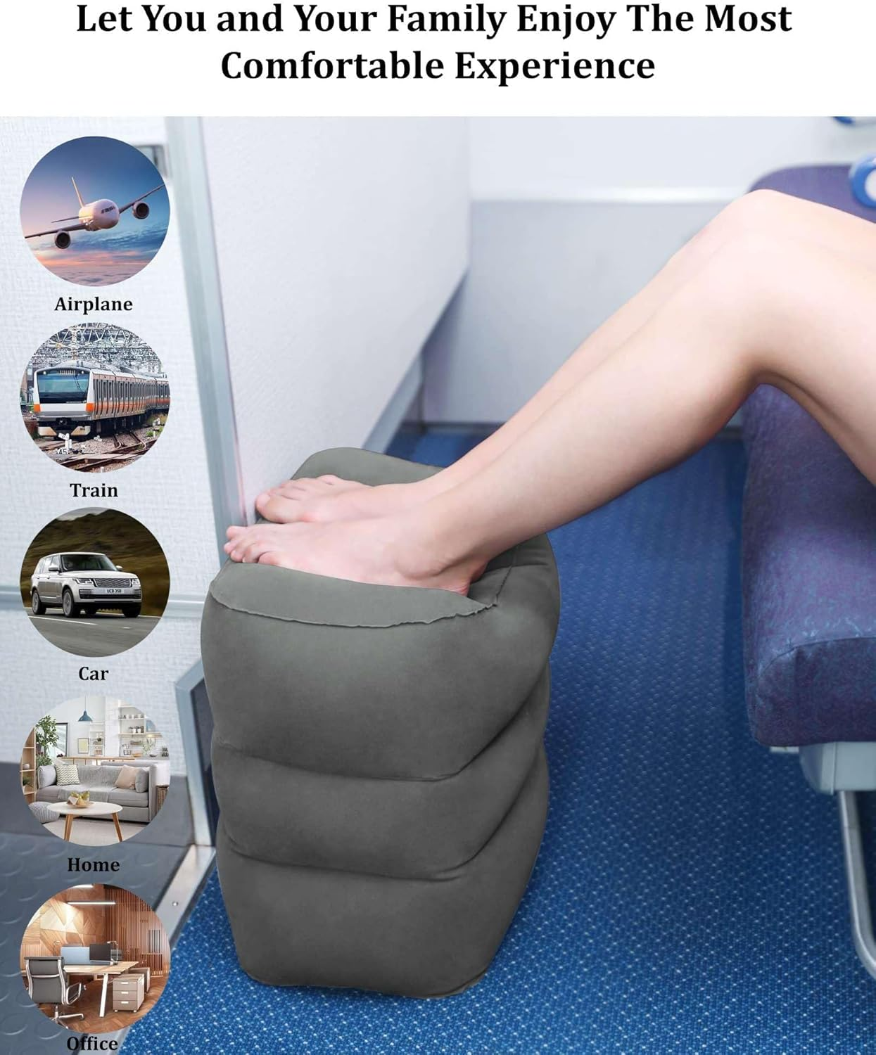 Inflatable Travel Foot Rest Pillow, Office Footrests, Adjustable 3 Layers Height Leg Rest Pillow, Airplane Travel Essentials Great for Airplane, Office, Home, Trains, Cars（With Pump） image number 3